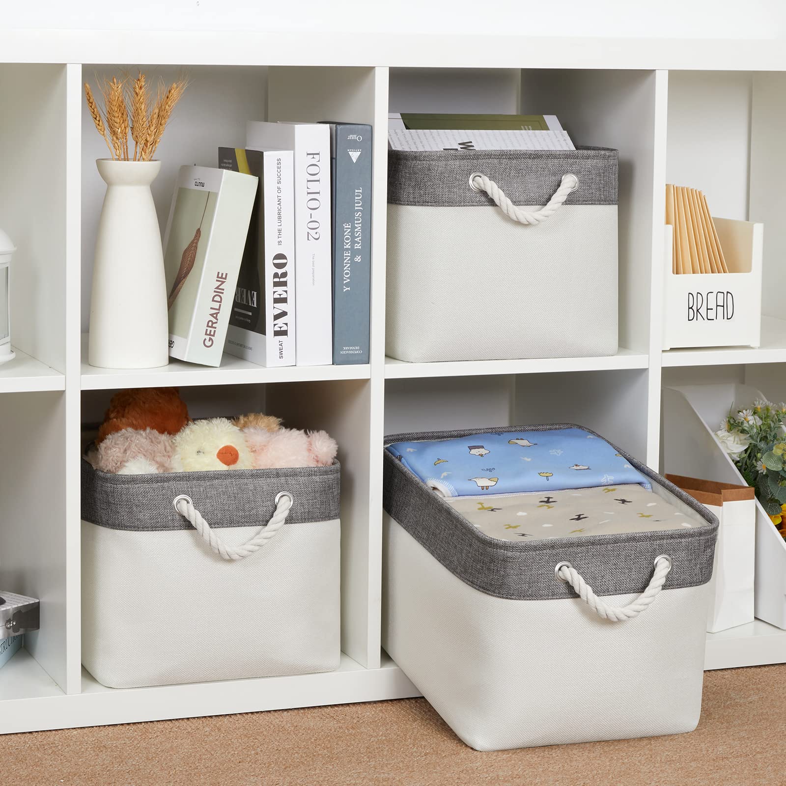 Bidtakay White Baskets With Cotton Rope Handles Decorative Storage Bins [3-Pack] Fabric Bins For Organization Linen Closet Shelf