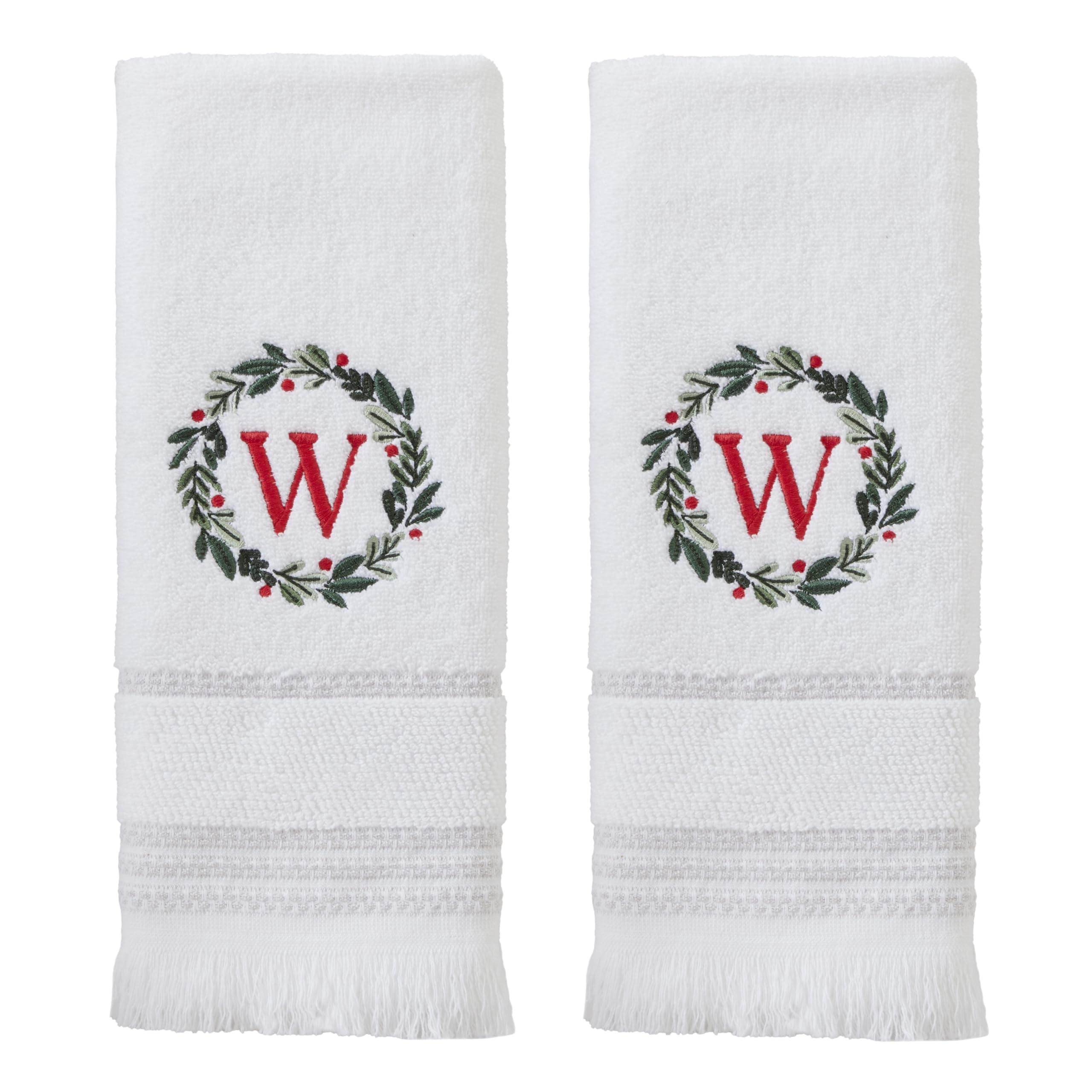 SKL Home Christmas/Winter Wreath Monogram Hand Towel W 2pc Set for Bath/Kitchen/Bar & Gift, White