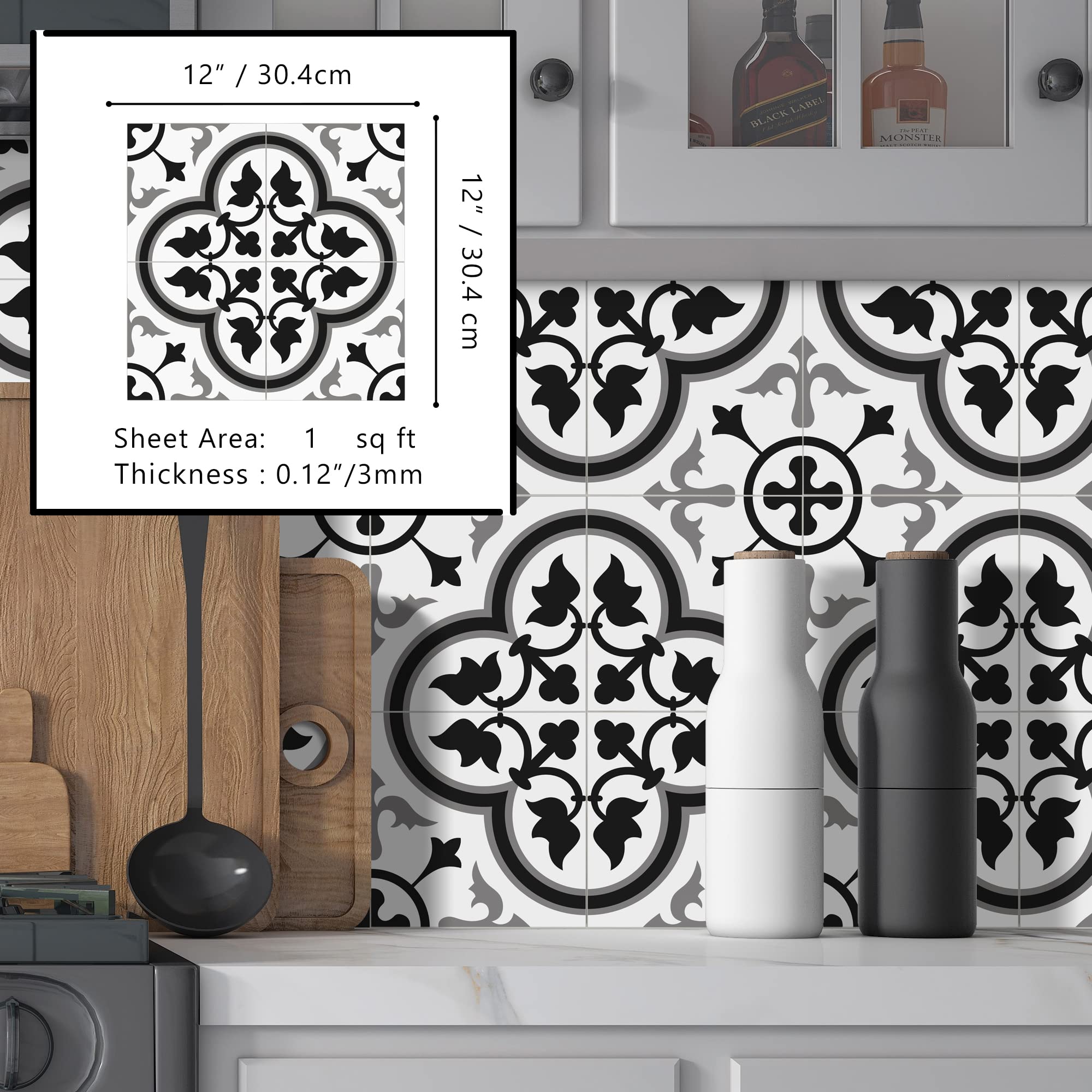 The Tiles Plaza Peel And Stick Encaustic Backsplash Tile. Grey Patterned Vintage Stick On Tile. Self-Adhesive Wall Tile Sticker