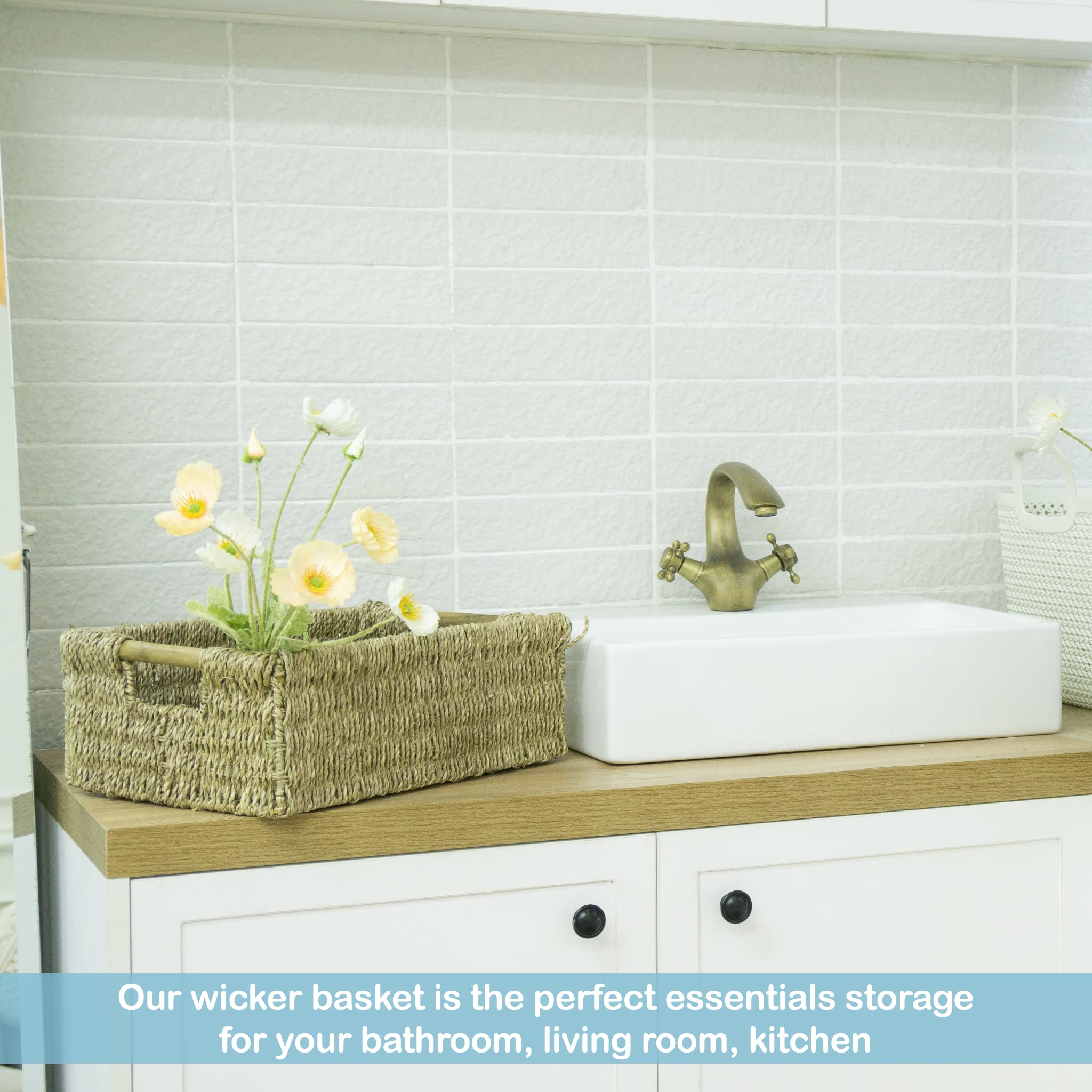 Large Natural Wicker Basket Rectangular With Wooden Handles, Seagrass Storage For Organizing, Shelves 15.5 X 10.6 X 5.5 Inches