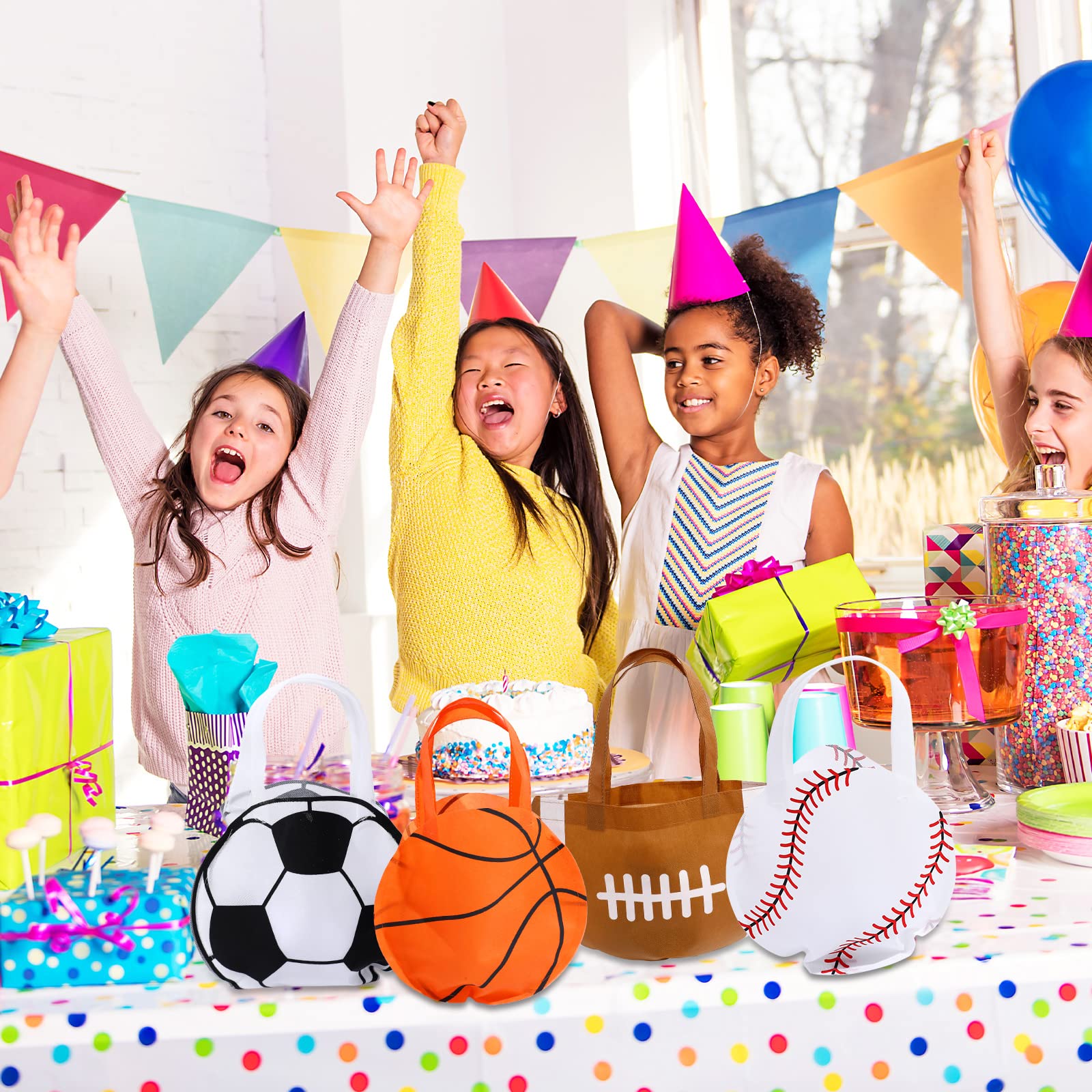 Shihanee 24 Pcs Sport Party Favor Bags Ball Themed Party Goody Candy Bags Sport Game Treat Handbags Baseball Football Basketball