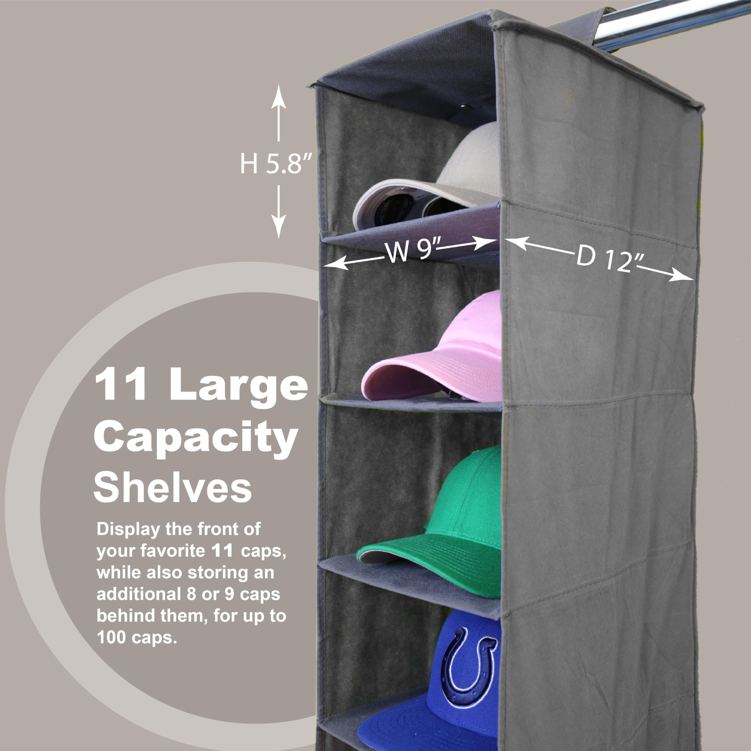 Perfect Curve 11-Pocket Closet Cap Organizer. 11 Shelf Hanging Closet Hat Organizer For Baseball Caps - Hat Storage For Up To 10