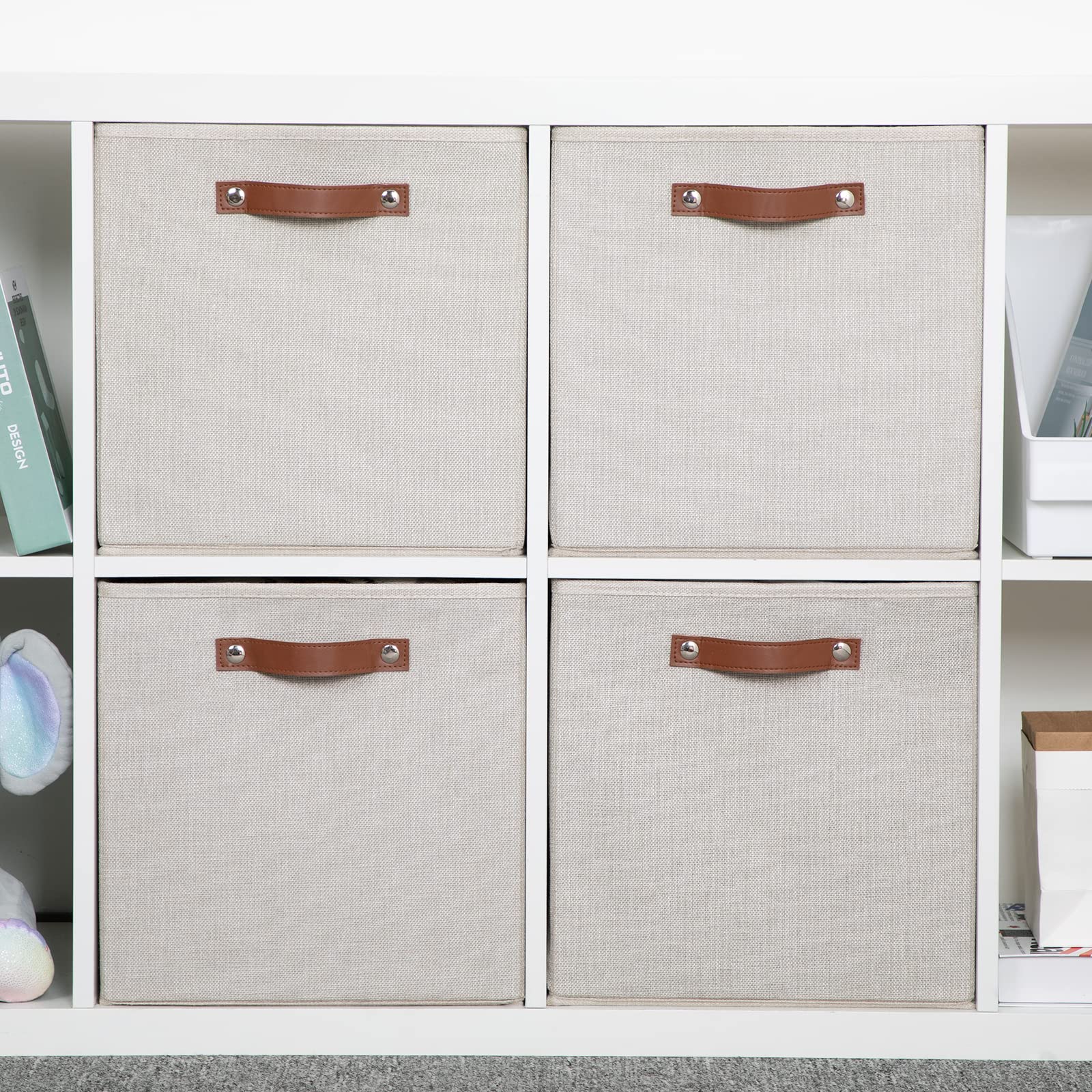 HNZIGE Large Storage Baskets Set of 4 Bins Collapsible Storage Baskets 13x13 Storage Cube Bins with Handles Foldable Storage Cube Bins for Shelves  Closet Storage Organizer Home Nursery Office(cream)