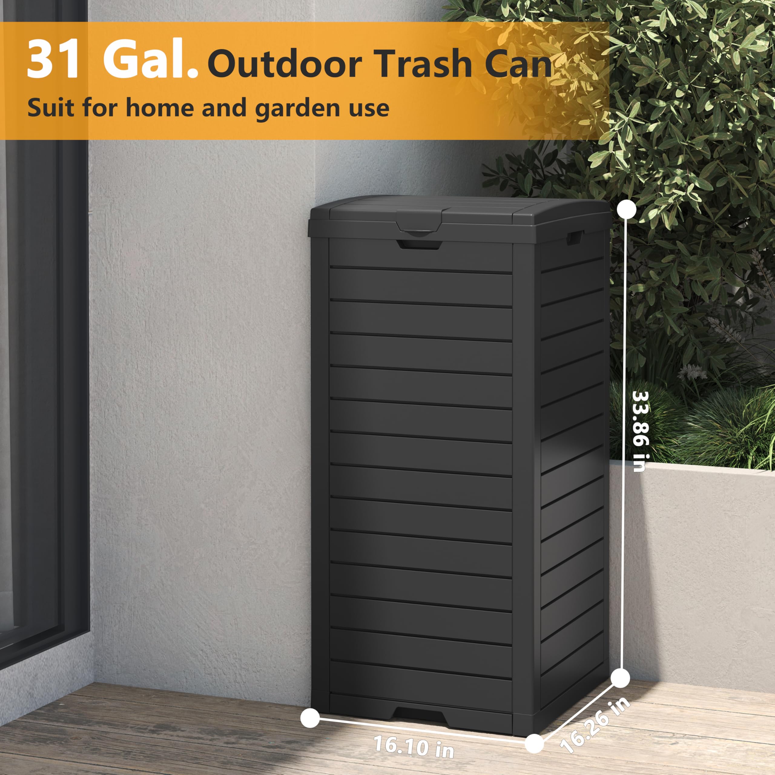 Lhbgo Outdoor Trash Can, 31 Gallon Garbage Can With Tiered Lid And Drip Tray, Waterproof Resin Outside Trash Bin For Patio, Back
