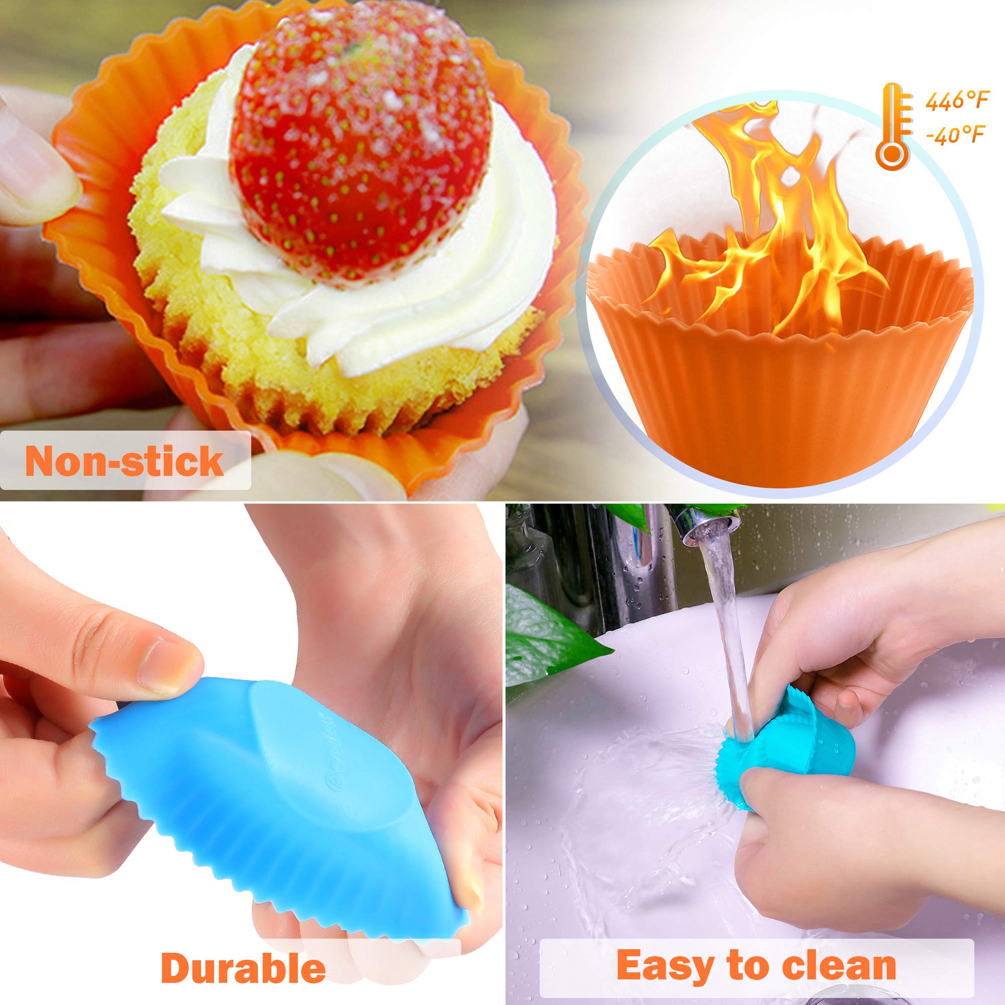 Ipow 24 Pack Silicone Cupcake Baking Cups Reusable Food-Grade Bpa Free Non-Stick Muffin Liners Molds Sets, 2 Shapes Round Rectan