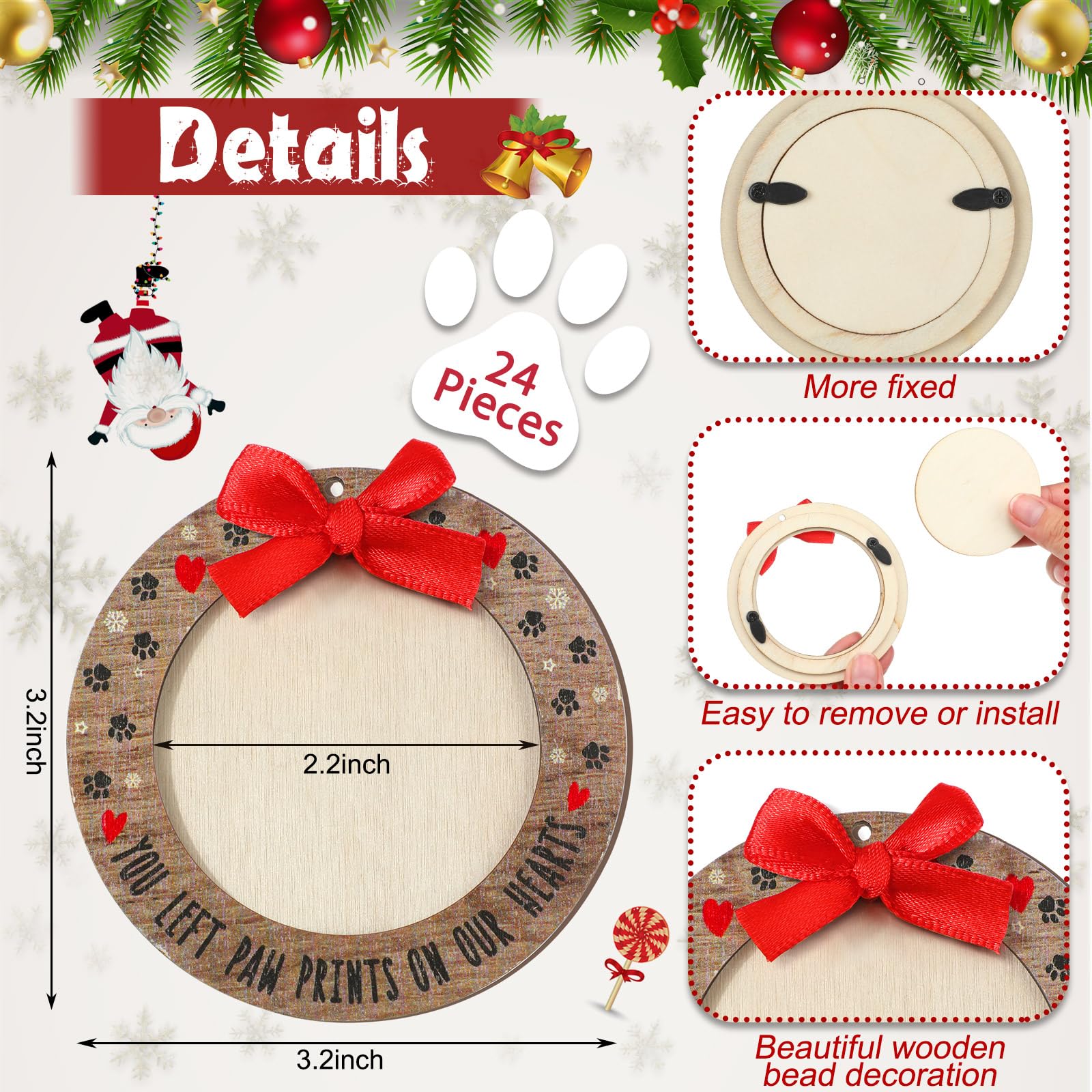 Blulu 24 Pcs Christmas Pet Picture Frames Wooden Dog Paw Memorial Photo Ornaments Snowflake Christmas Tree Decorations Pet Sympa