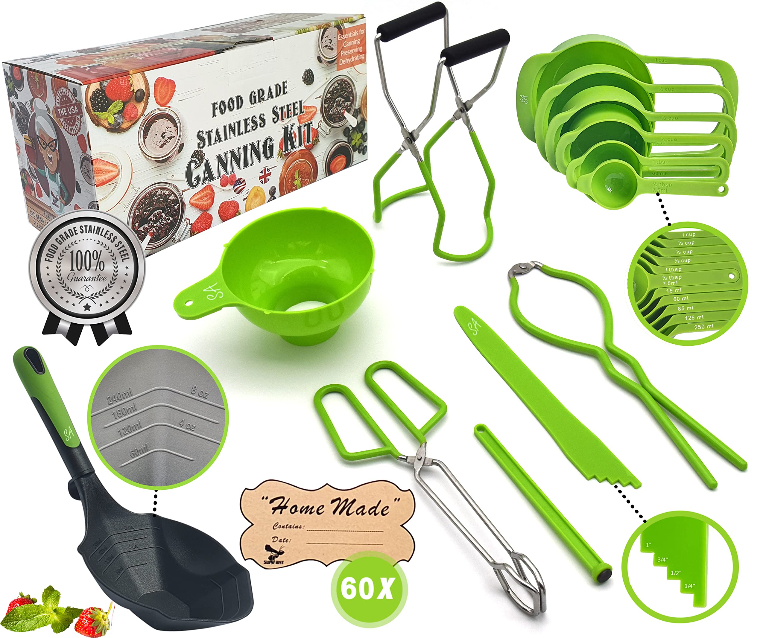 Supa Ant Canning Supplies - US Assembled Certified Food Grade Stainless Steel Canning Kit with XL Ladle, Wide Kitchen Funnel, Ja