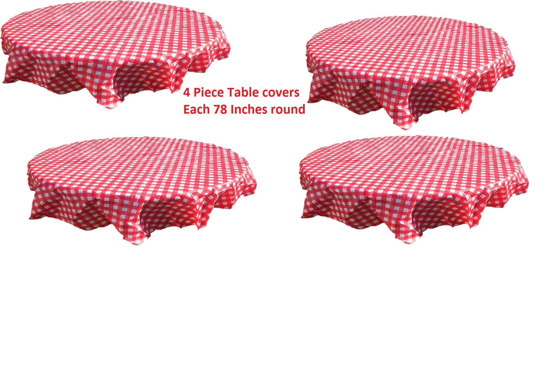 Oojami Pack Of 4 Round Checkered Tablecloth - Red & White Plastic Disposable Table Covers For Parties And Events - 78 Diameter