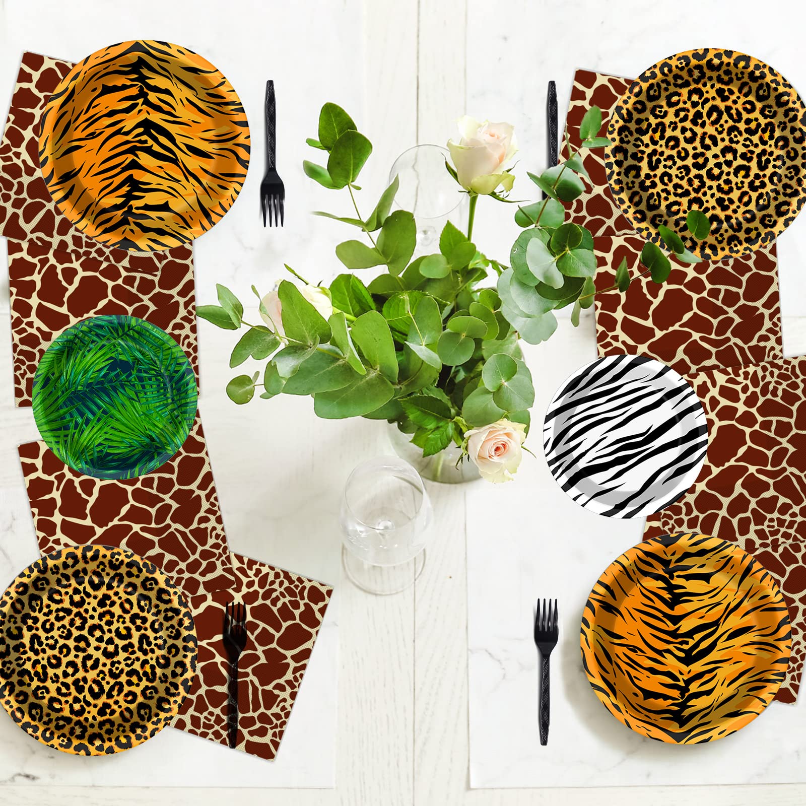 96 Pcs Zoo Animal Safari Print Party Plates and Napkins Party Supplies Animal Print Themed Party Tableware Set Jungle Party Decorations Favors for Kids' Baby's Birthday Baby Shower Serves 24
