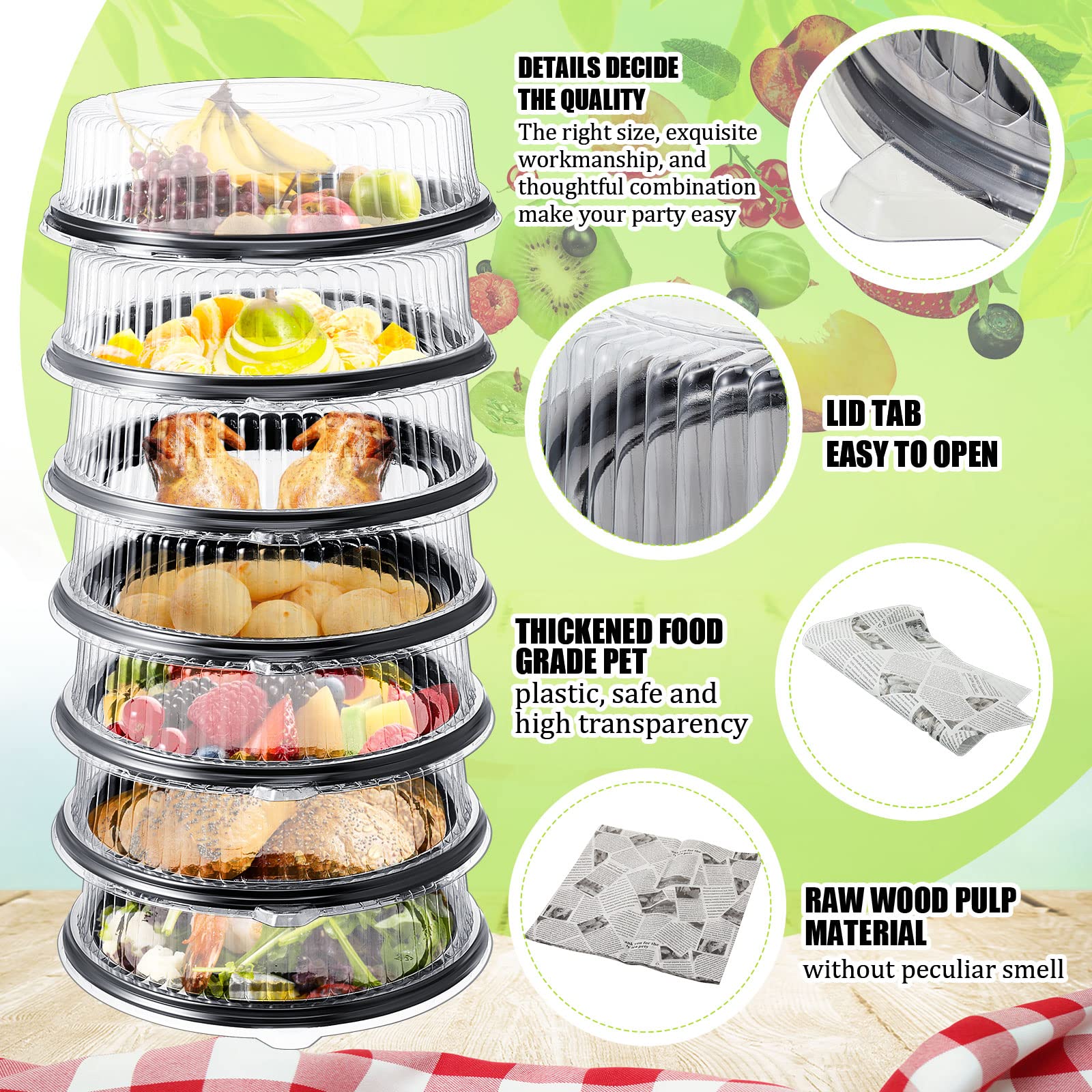 Tessco 12 Pack Heavy Duty, Repeatedly Plastic Serving Tray With Lid And 24 Pcs Deli Wax Paper Sheets Sets Large Plastic Party Pl