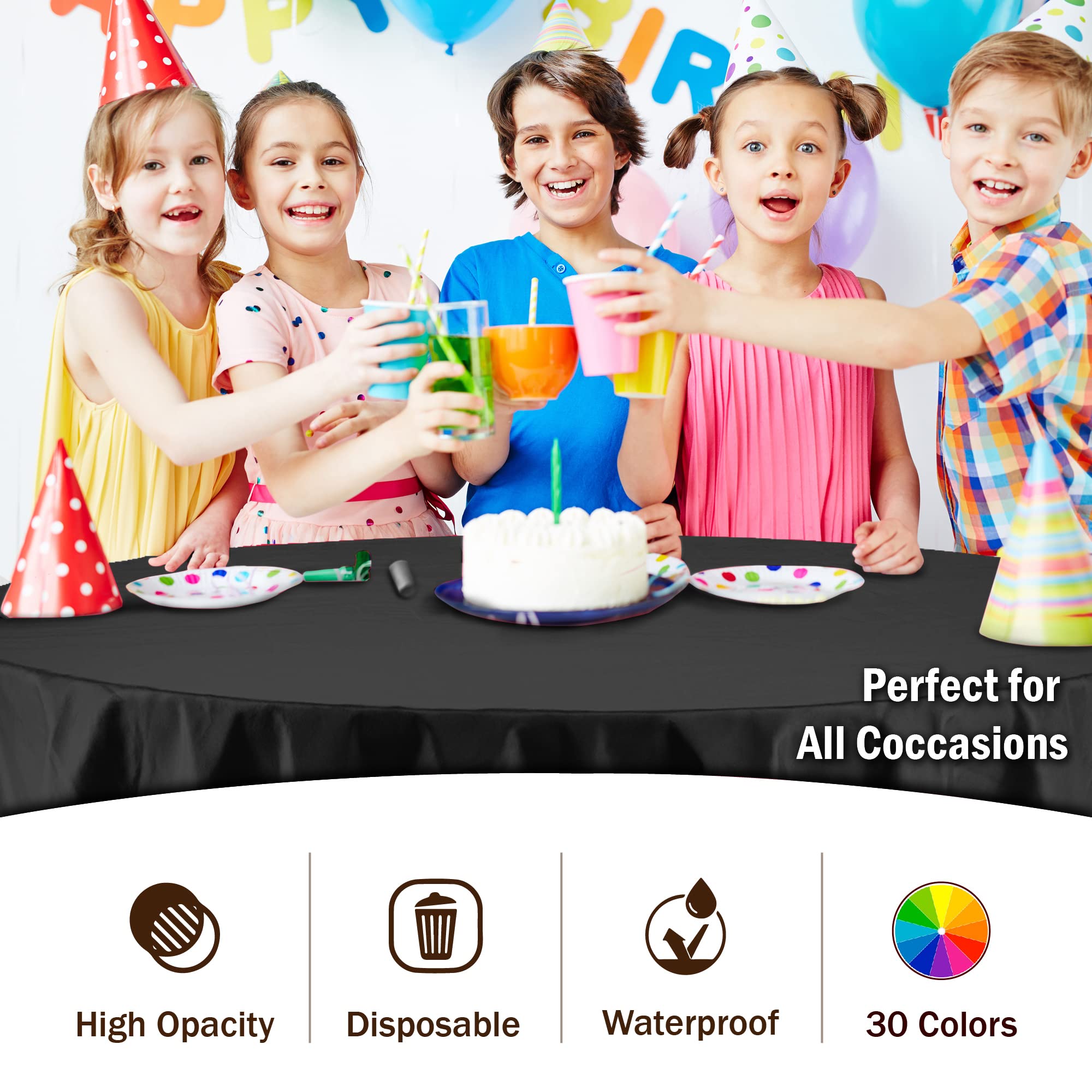 Exquisite 6-Pack Premium Plastic Tablecloth 84In. Round Plastic Table Cover - Black