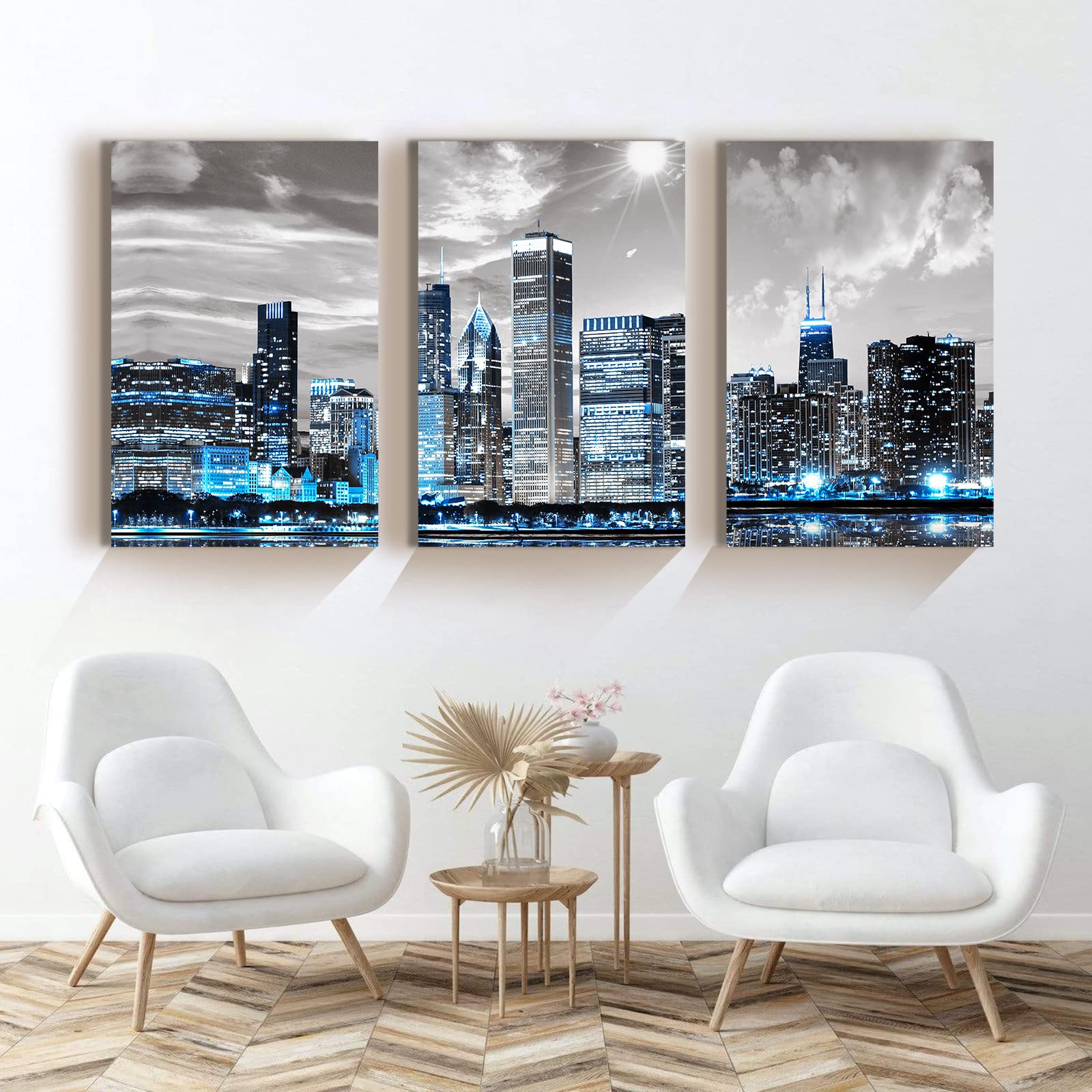 SERIMINO Wall Decor Living Room Modern City Chicago Skyline Pictures Canvas Wall Art for Bedroom Poster for Office Farmhouse 3 Pieces Set Wood Framed Night Scene Prints Paintings for Home