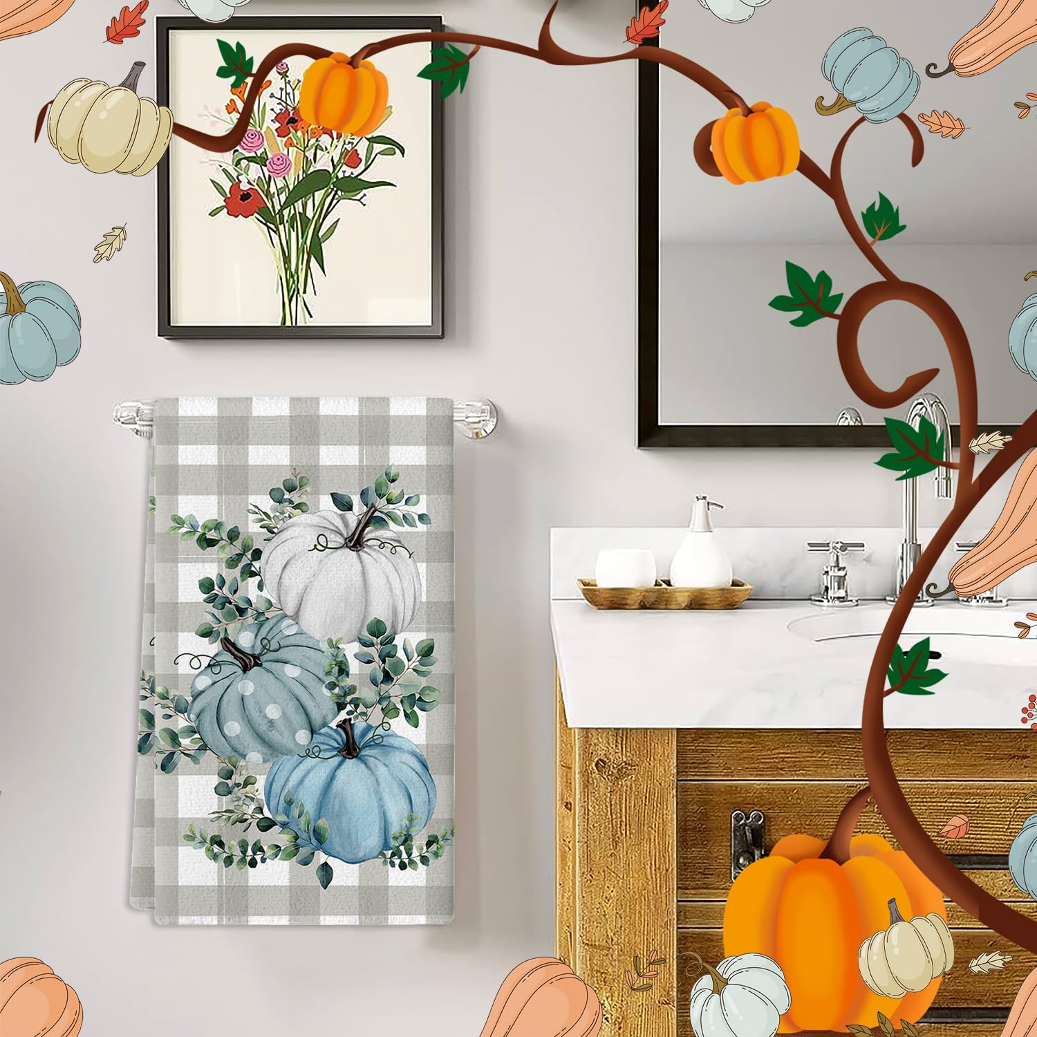 Antpfae Fall Hand Towels Set Of 2, Hello Pumpkin Blue Eucalyptus Leaves Bath Hand Towels For Bathroom Decorative Autumn Soft Abs