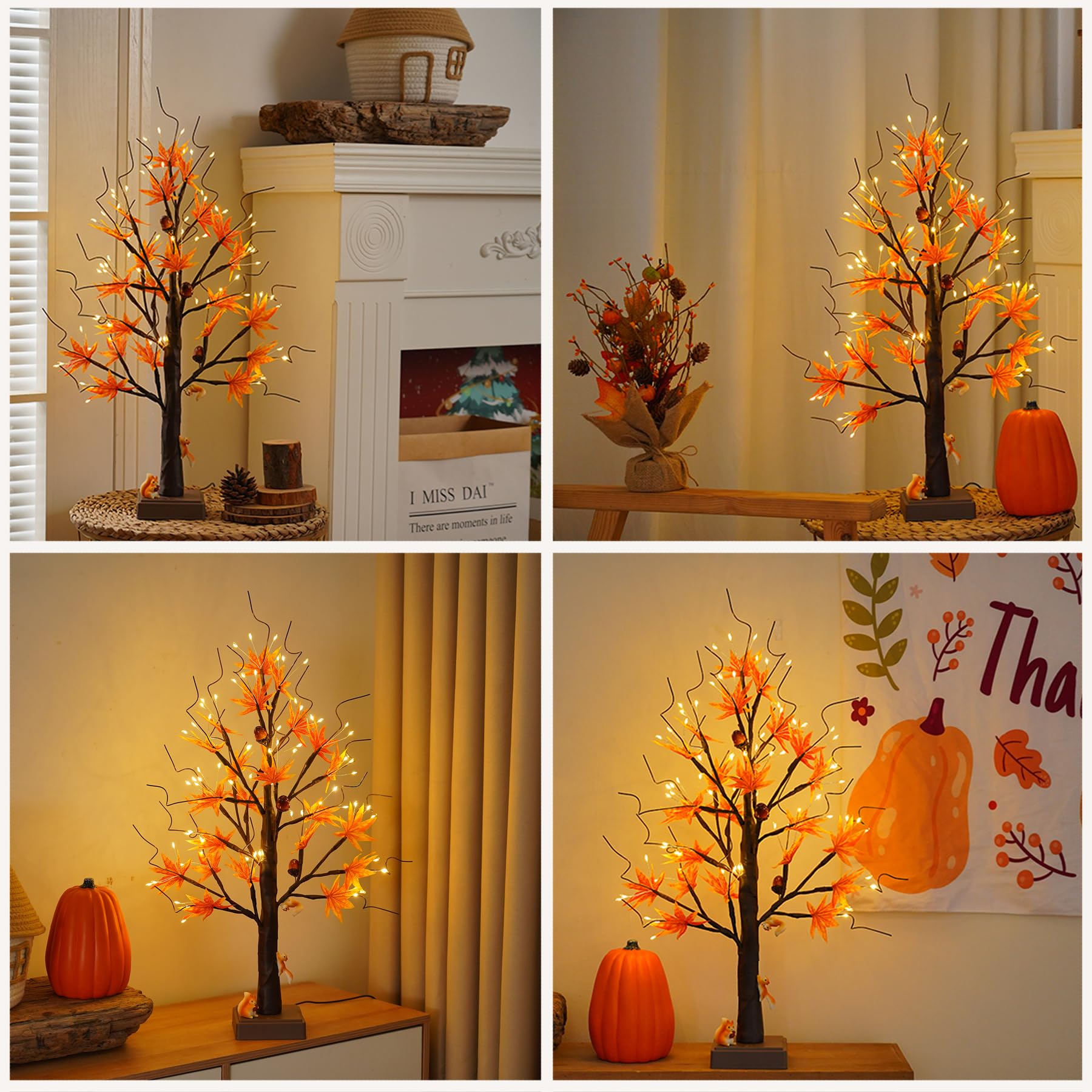 24    72 LED Fall Decorations for Home, Birch Tree Lighted Fall Maple Leaves Artificial Tree LEDs Autumn and 3 Squirrel,Acorn Or