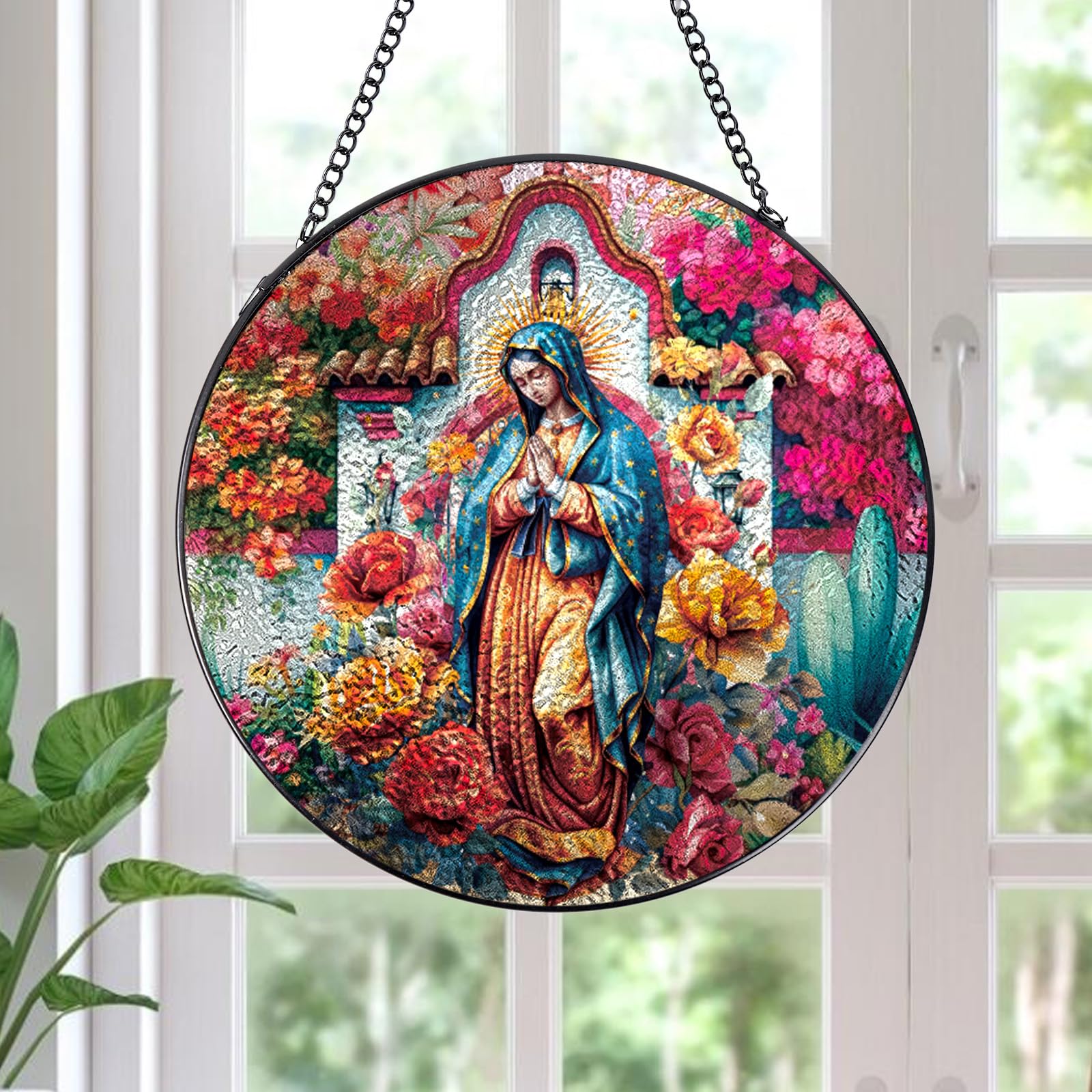 Rngmsi Lady of Guadalupe Stained Glass Window Hanging, 7.8 Sun Catchers Indoor Window Decor