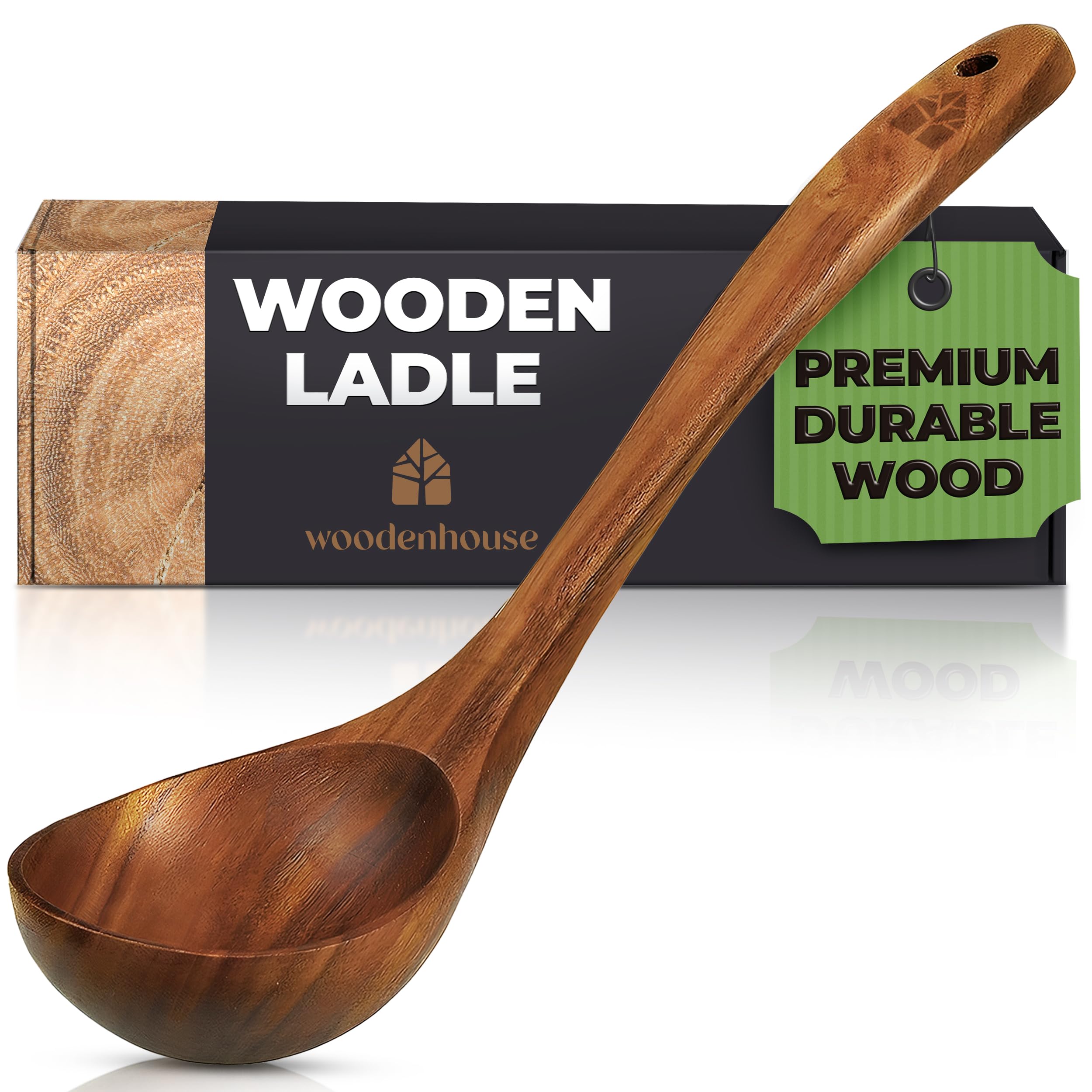 Wooden Ladle For Cooking, Soup Spoon Ladle - Teak Wooden Serving Spoon, 12.4 Handle