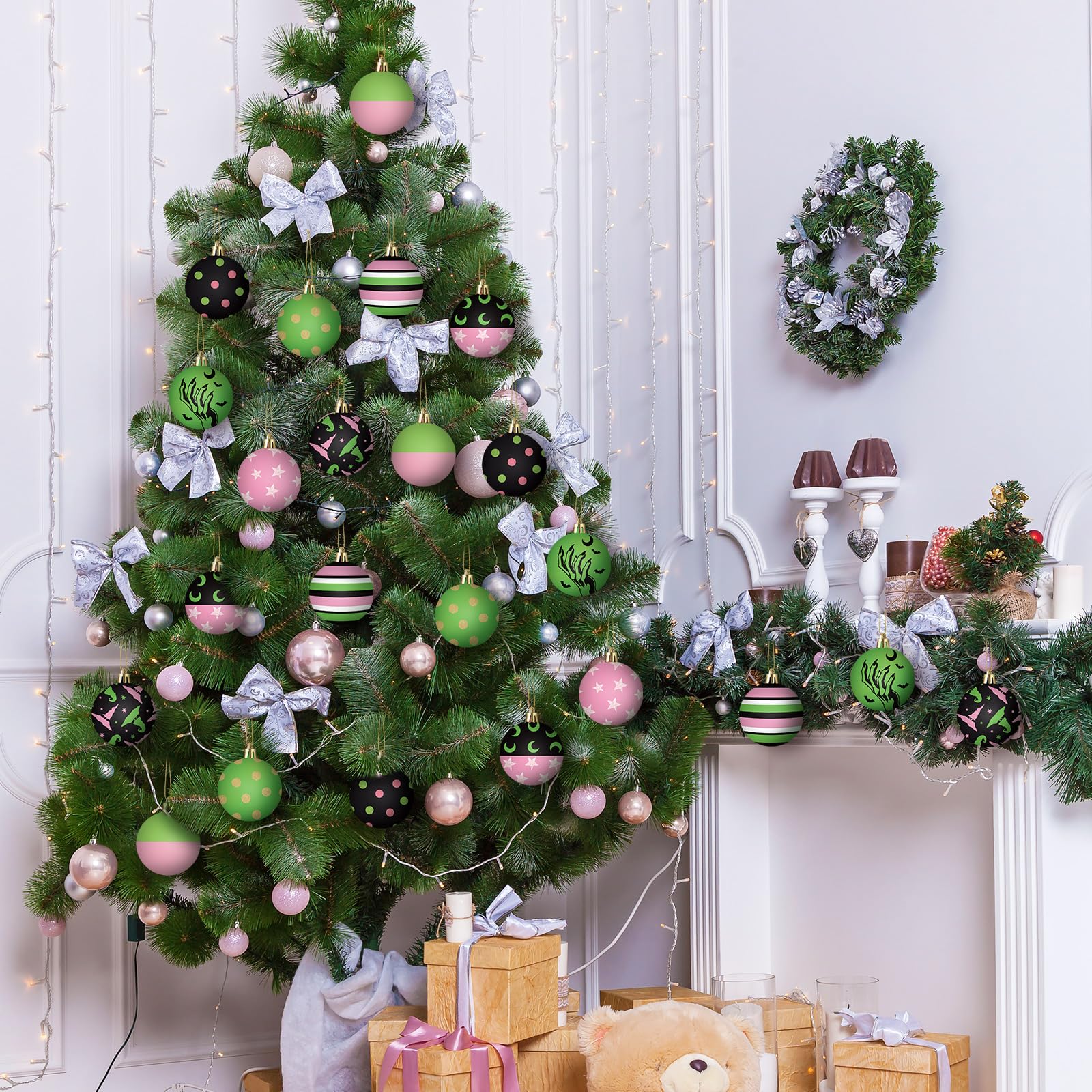 Janinka 24 Pcs Christmas Tree Ball Ornaments 2.4 Inch Witch Pink and Green Plastic Hanging Ornaments Pendants Baubles for Xmas T