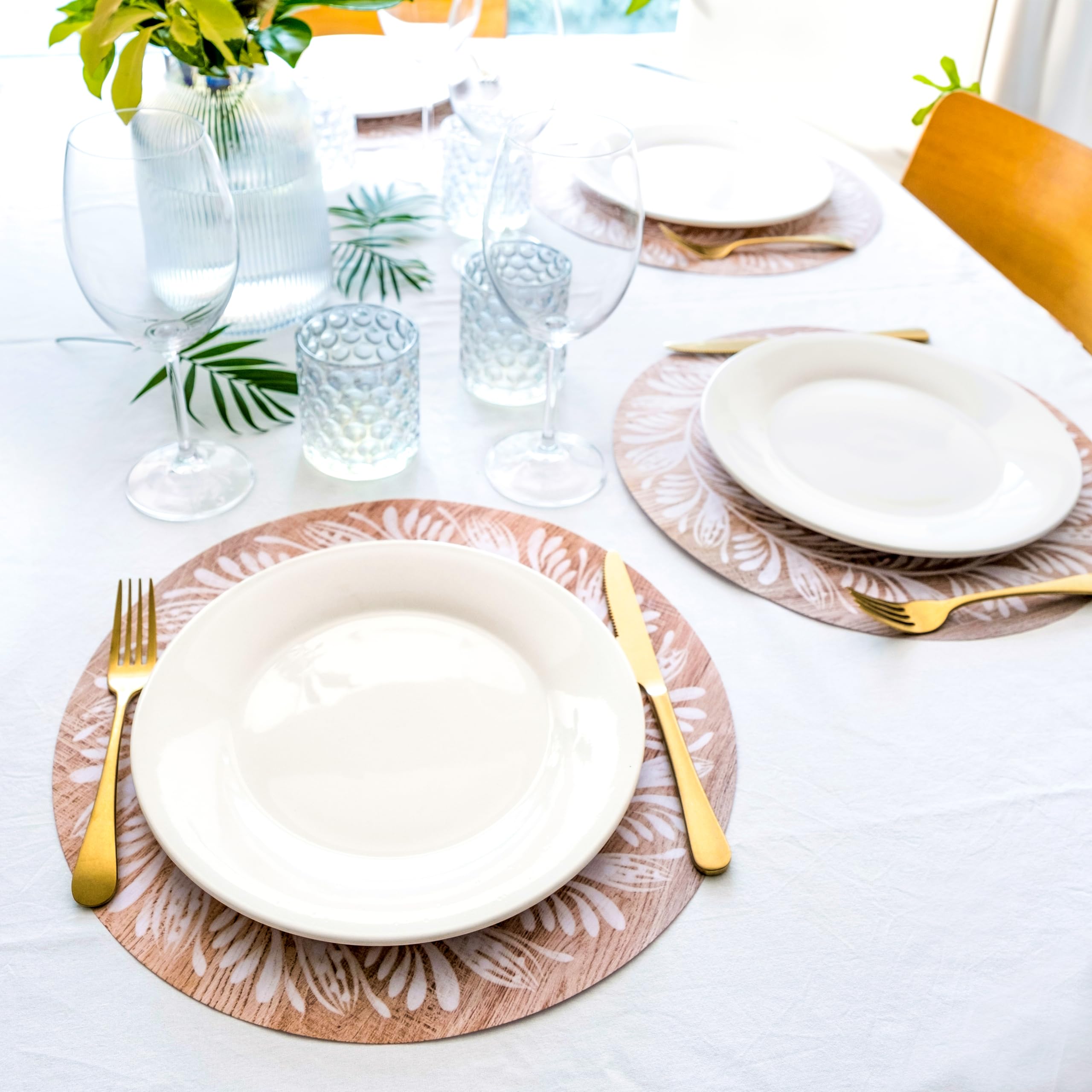 Floral Wood Round Paper Placemats Disposable, Disposable Placemats For Dining Table, Paper Chargers, Wood Placemats, 14'', 100Pc