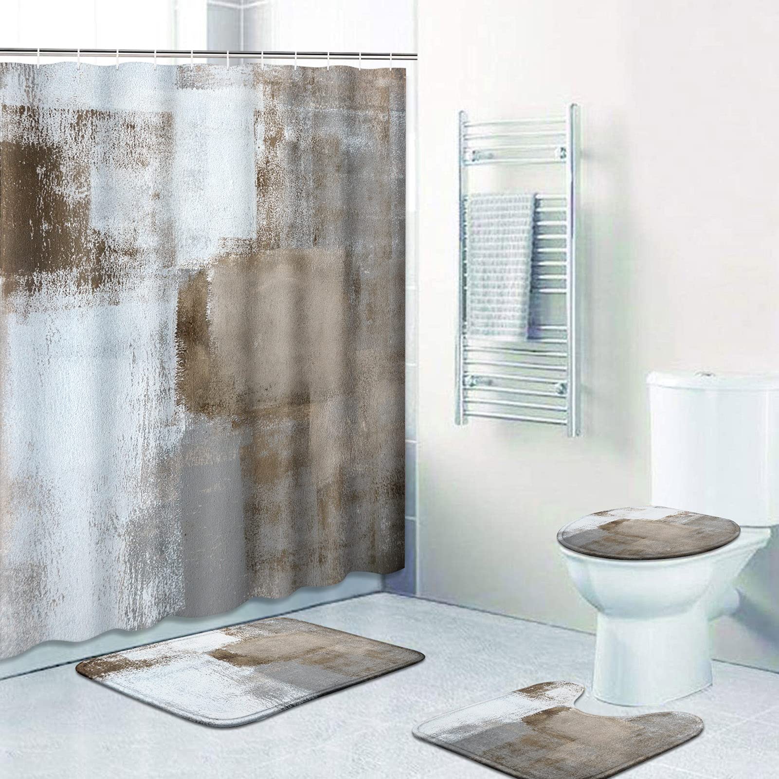 Artsocket Grey Brown Bathroom Set With Shower Curtain And Rugs Accessory,Gray Abstract Painting Modern Shower Curtain Set, Abstr
