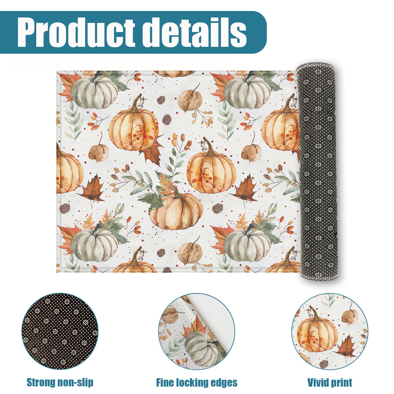 Fall Pumpkin Leaves Indoor Door Mat, Outdoor Entrance Doormat for Entryway Kitchen Bathroom 17 X 29 Inch