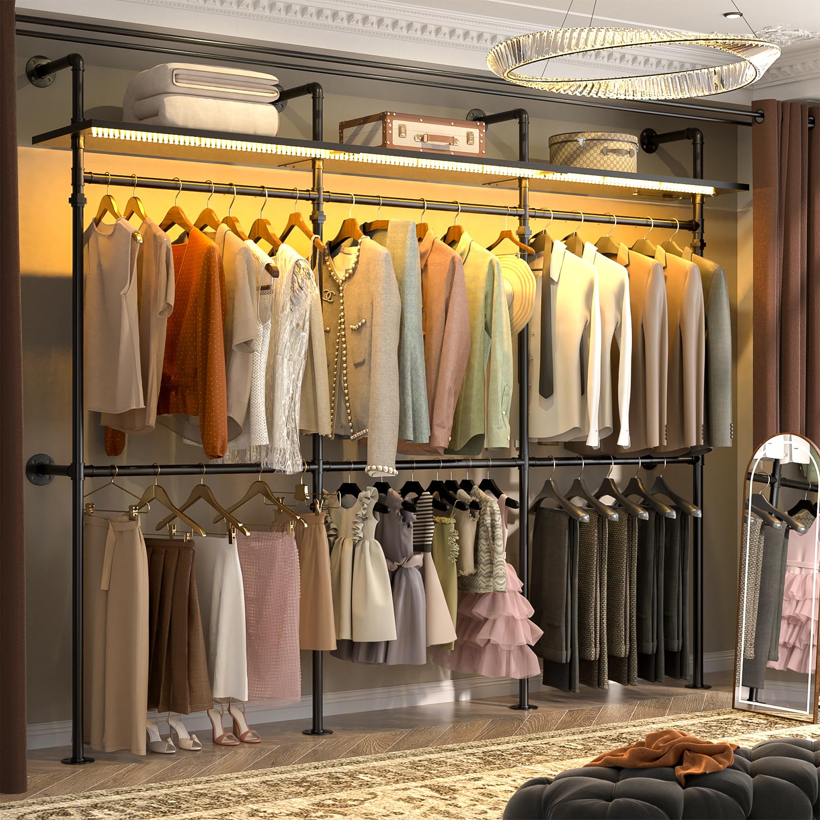 Aheaplus Industrial Pipe Clothing Rack, Reversible 118.3'' Clothes Rack For Hanging Clothes, Heavy Duty Garment Rack Closet Ward