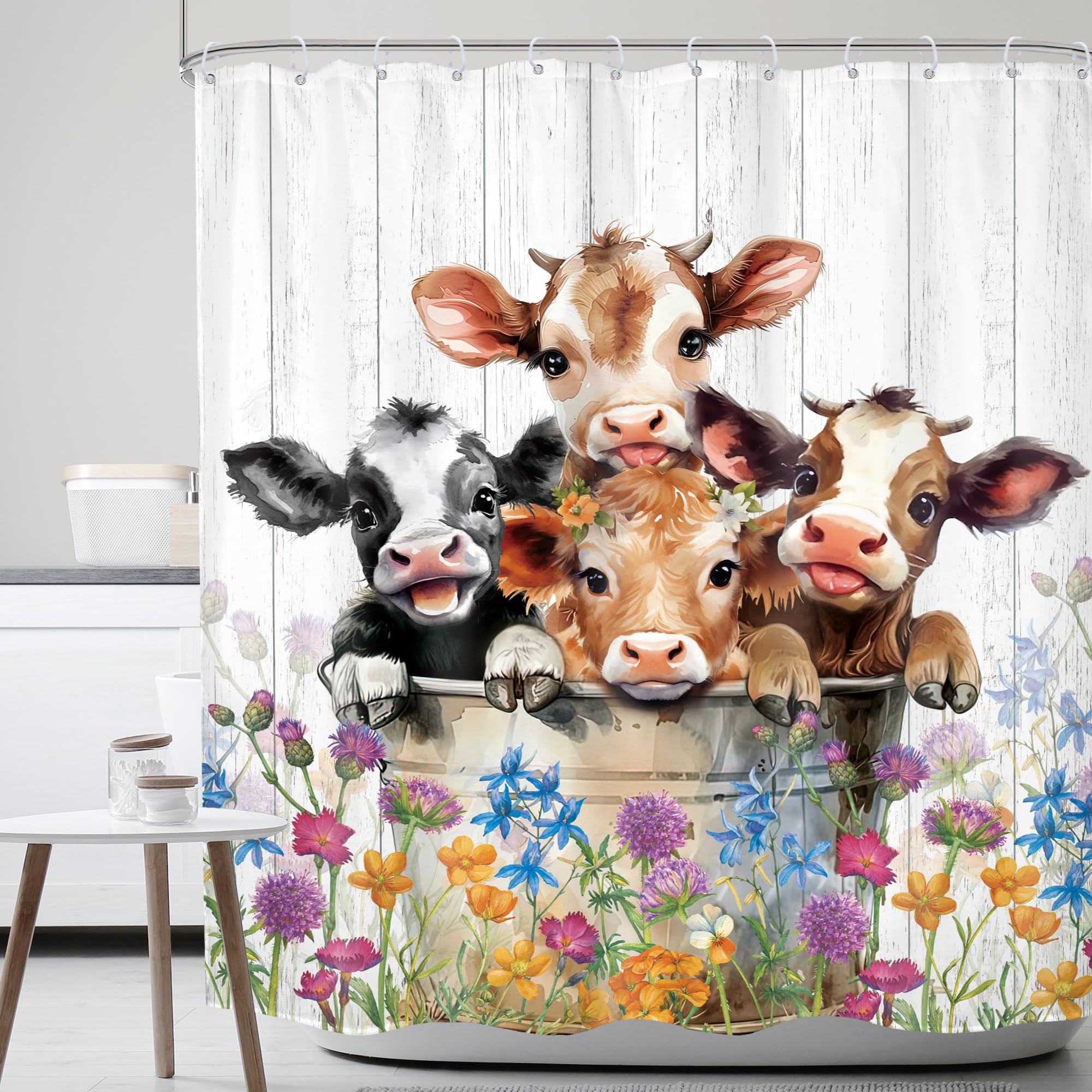 Mitpok Farm Highland Cow Shower Curtain 60Wx72H Funny Western Farmhouse Cute Cattle Bull Animal Rustic Floral Wildflower Plant B
