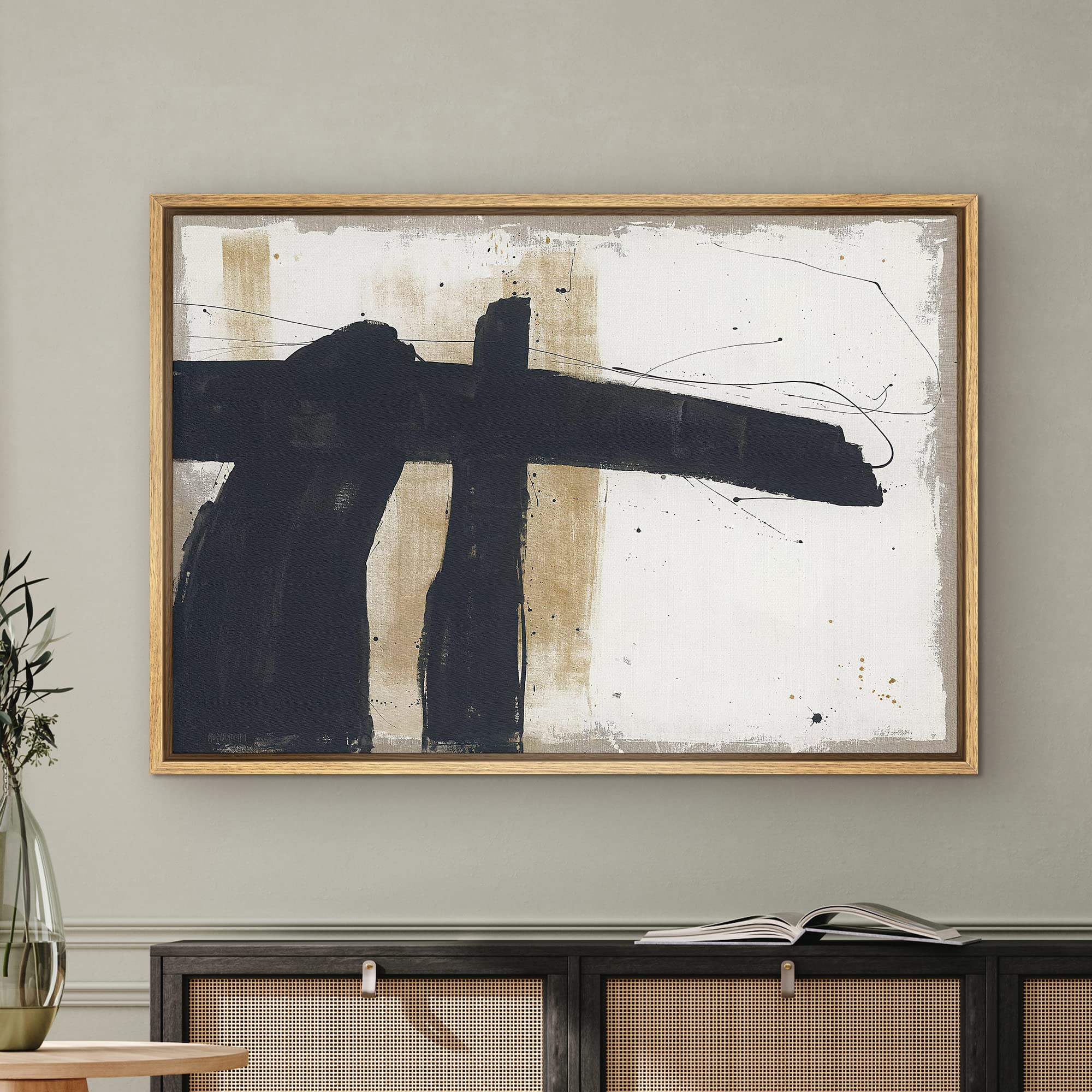Signwin Framed Canvas Print Wall Art Grunge Black Brown Paint Strokes Abstract Shapes Illustrations Modern Art Decorative Contem