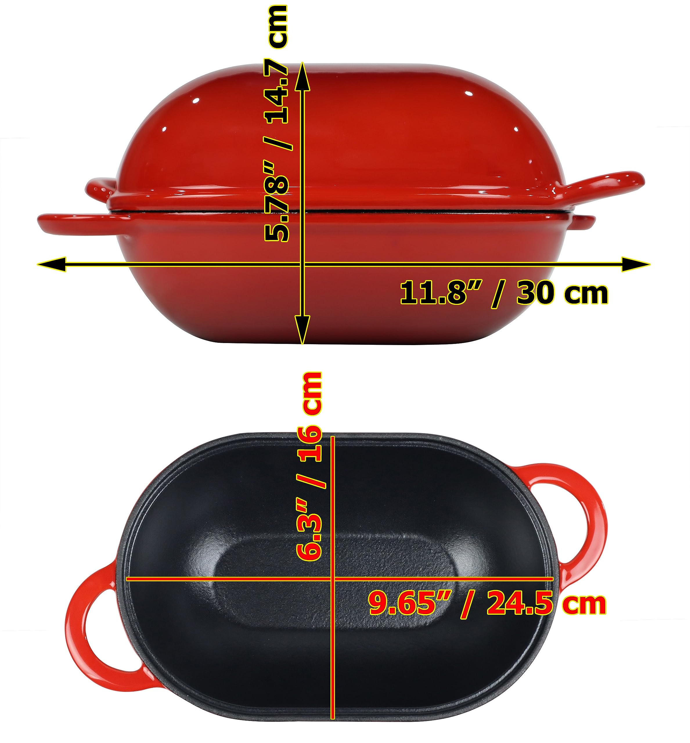 Crucible Cookware Enameled Cast Iron Bread Pan - Red, 9.65"x6.3", Model ECIBPLH, Dutch Oven with Lid & Loop Handles for Baking