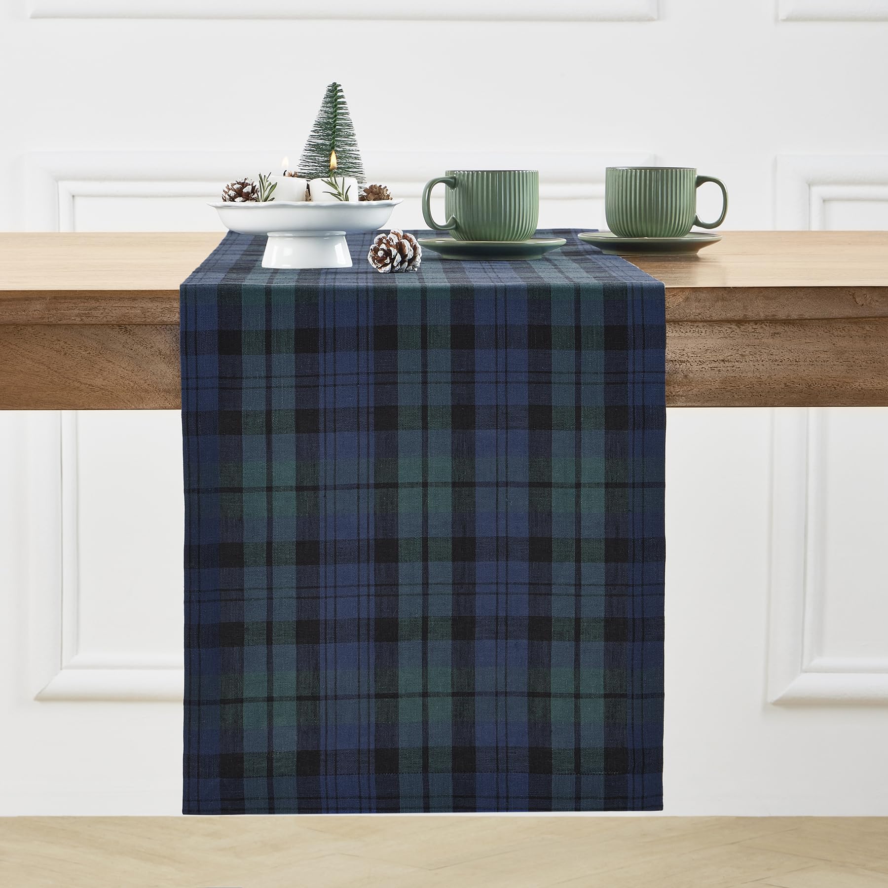 Solino Home Linen Blackwatch Table Runner 156 Inches Long - 100% Pure Linen Blue and Green Plaid Table Runner 14 x 156 Inch for 