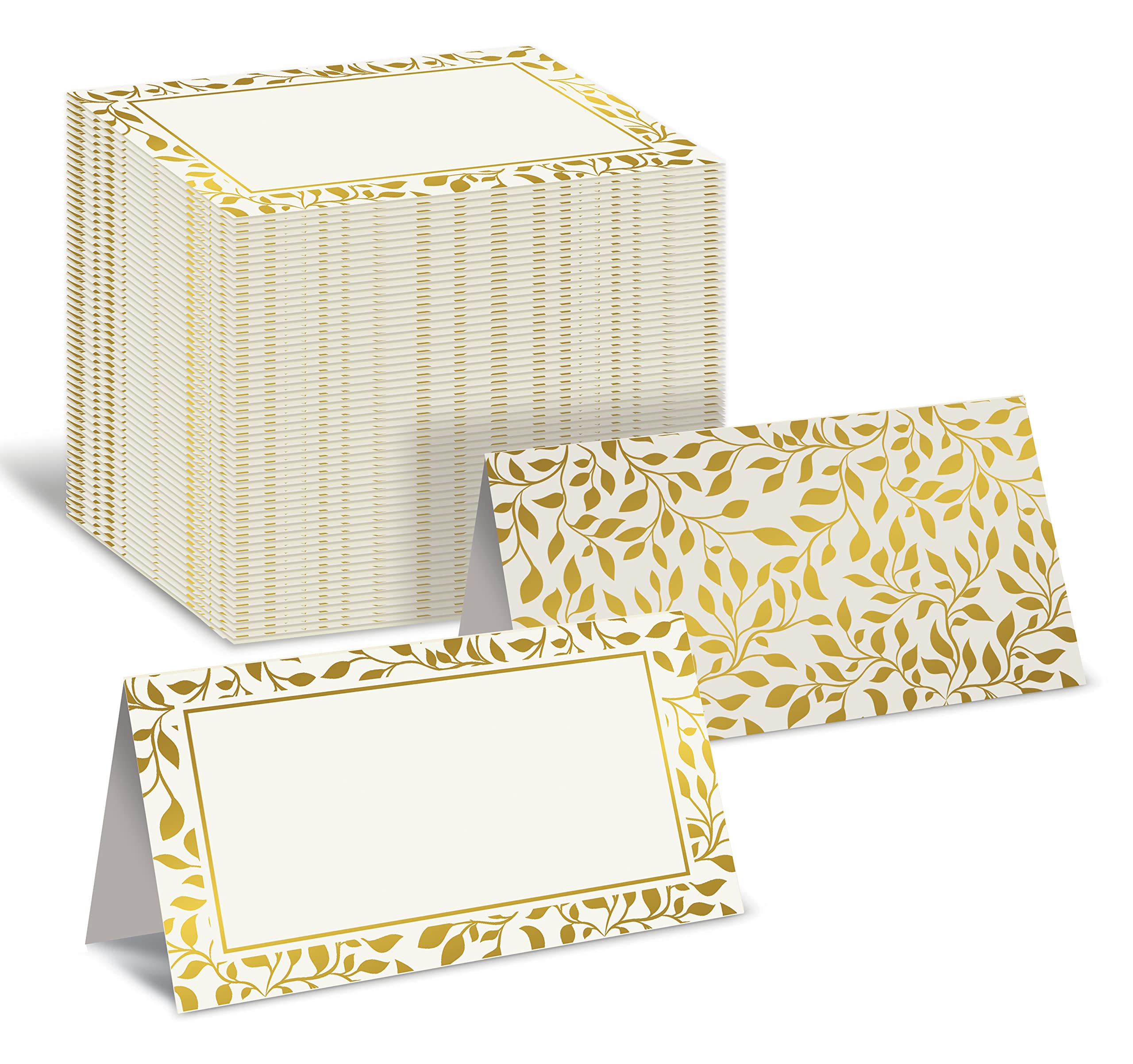 Better Office Products 100 Pack Place Cards, 2 X 3.5 In, White With Metallic Gold Leaf Foil Border, Folded Table Tent Cards For