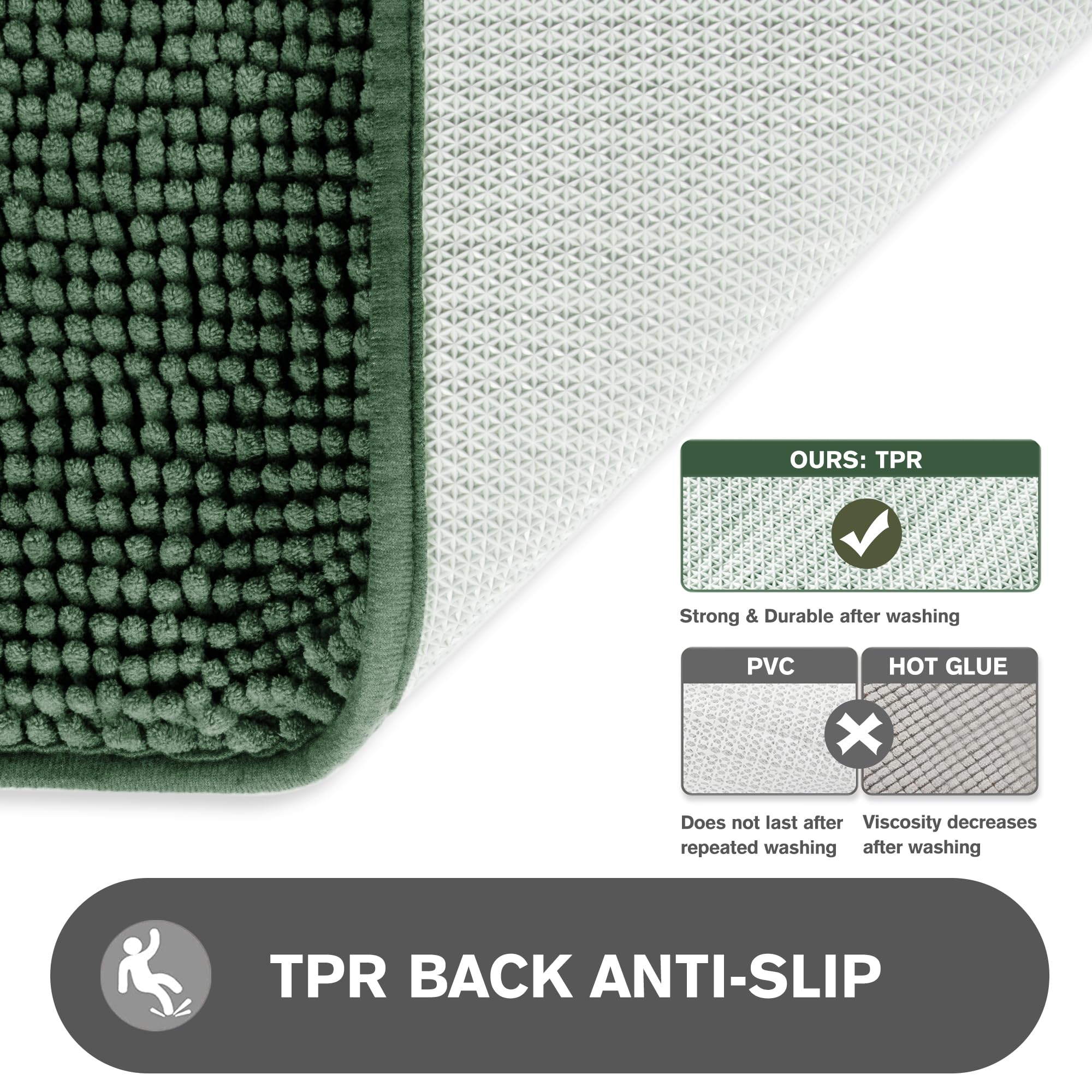 Pureswan Dark Green Bathroom Rugs - Absorbent And Washable Bath Mat, Non-Slip, Thick Soft Chenille Bath Rugs For Bathroom Floor,