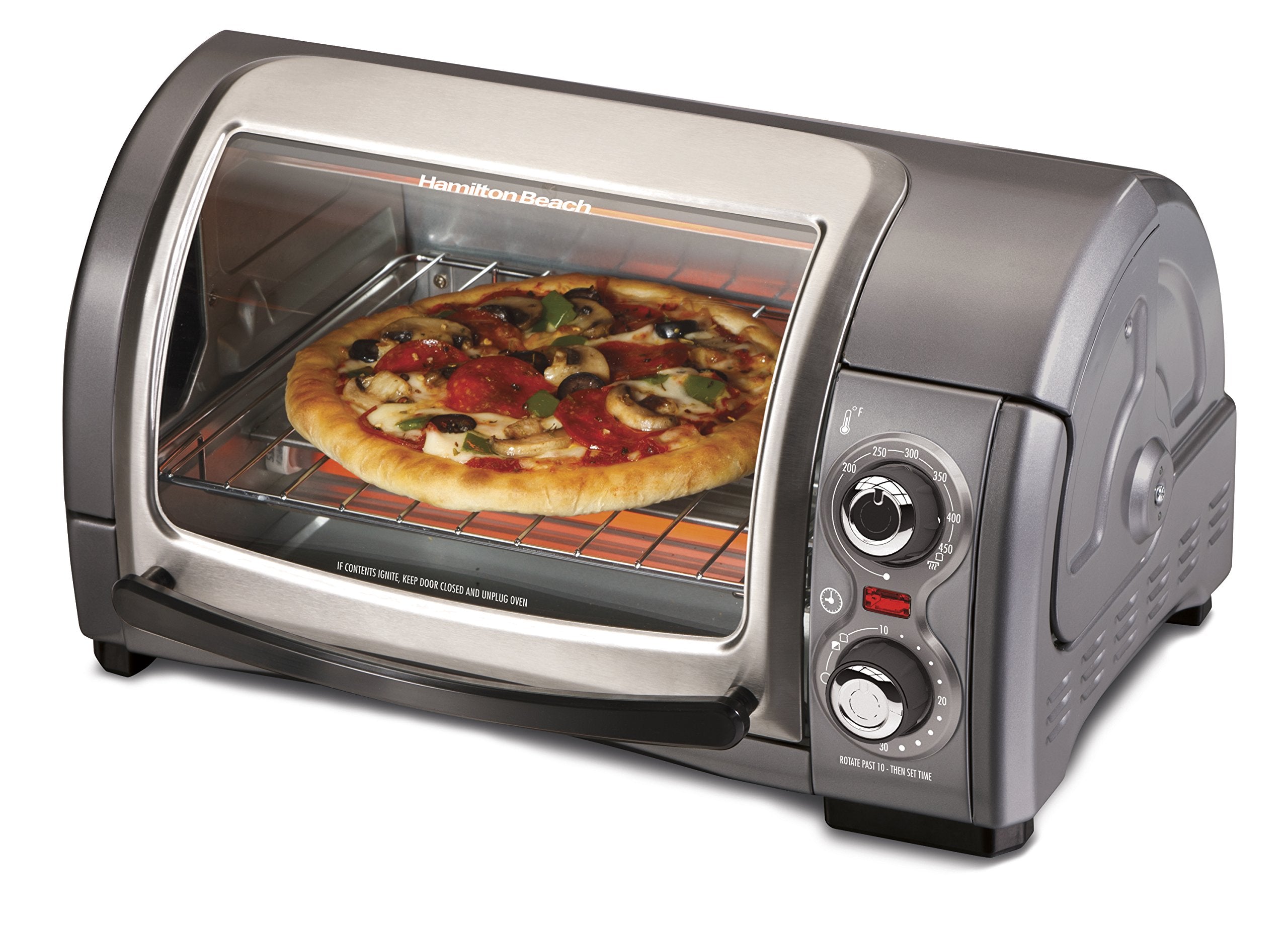 Hamilton Beach Easy Reach 4-Slice Countertop Toaster Oven With Roll-Top Door, 1200 Watts, Fits 9    Pizza, 3 Cooking Functions F