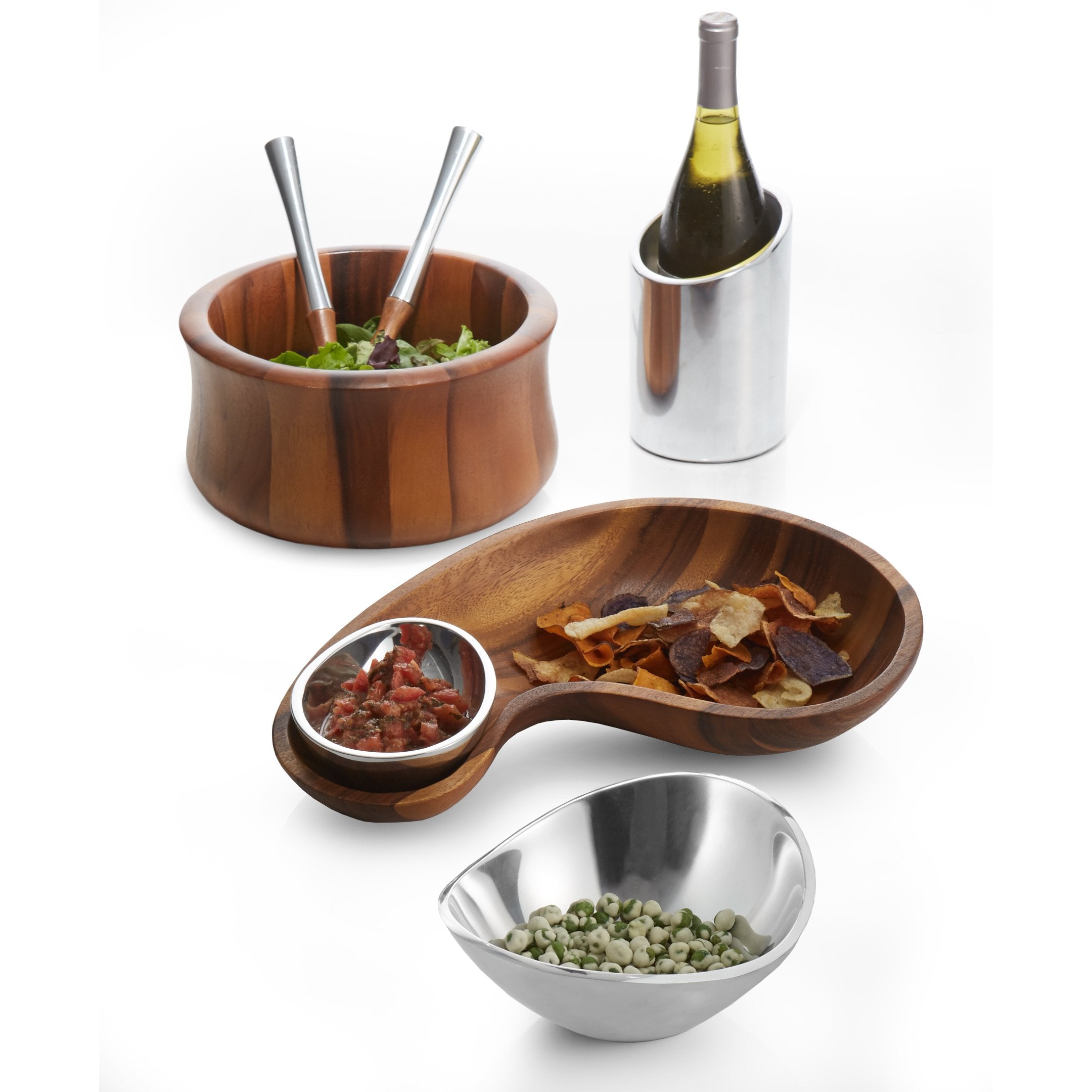 Nambe - Nara Collection Natural Acacia Wood Salad Bowl And Servers With Nambe Alloy Handles (10.5'' X 5.5'')