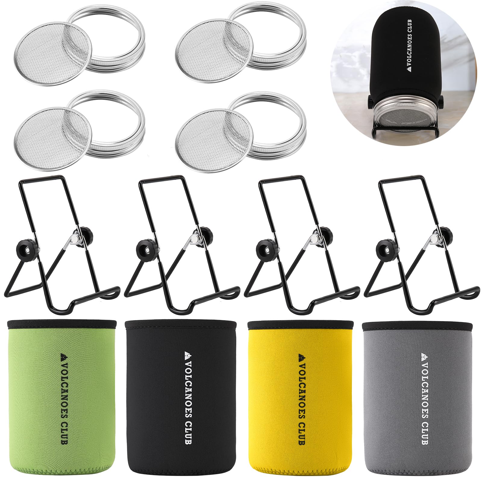 Volcanoes Club Sprouting Lids Growing Kit - 316 Stainless Steel Sprouting Lids For 86Mm Wide Mouth Mason Jar With Stands & Black