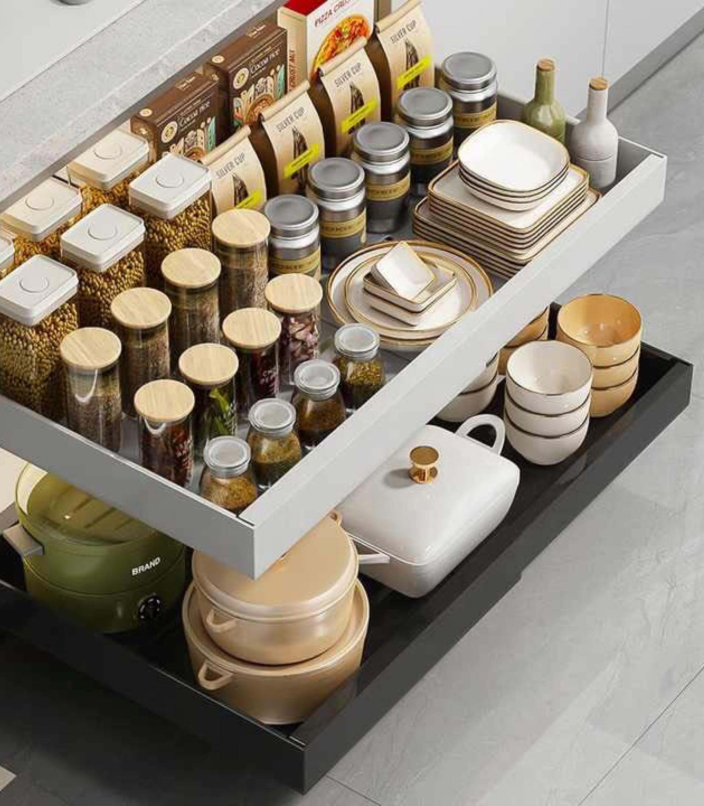 Expandable pullout cabinet drawer organizer, smooth sliding drawer, easy installation, perfect for cabinets, shelves, closets, 