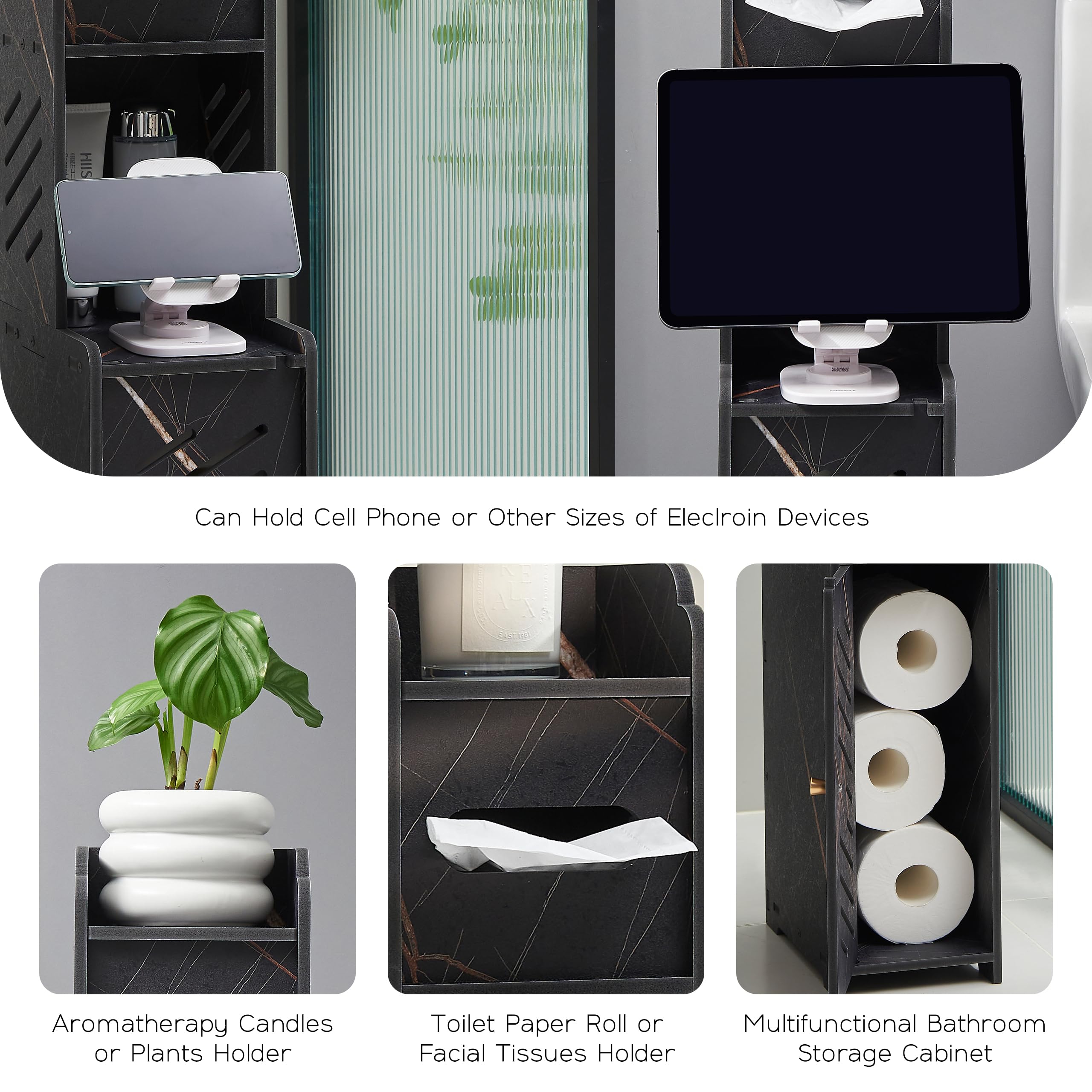 Doxo Black Slim Toilet Paper Holder Stand, Bathroom Storage Cabinet for Small Space, Bathroom Cabinet Organizer with Door