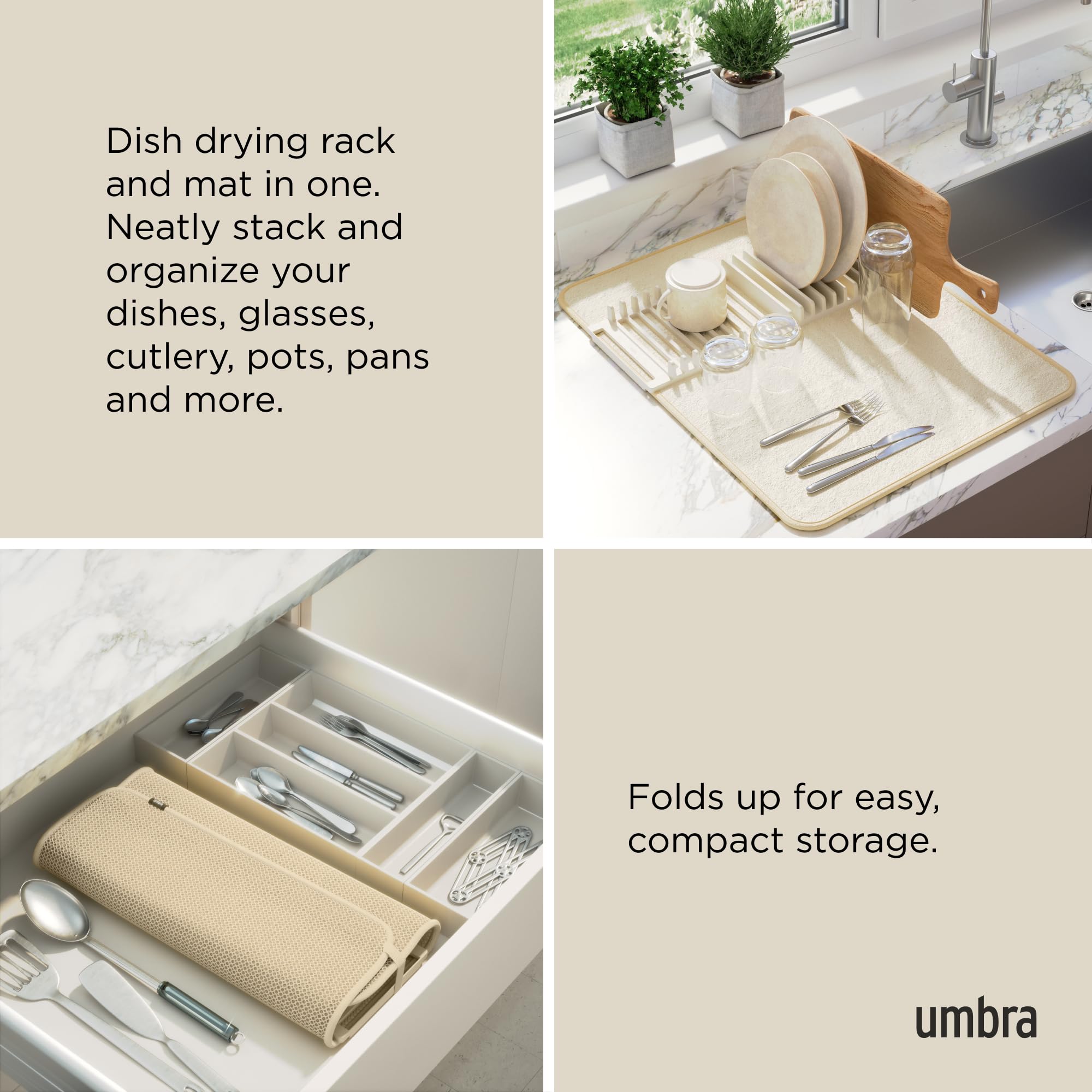 Umbra Udry Dish Rack & Microfiber Drying Mat, Space-Saving, 18"x24", Linen, Model 330720-354, Plastic