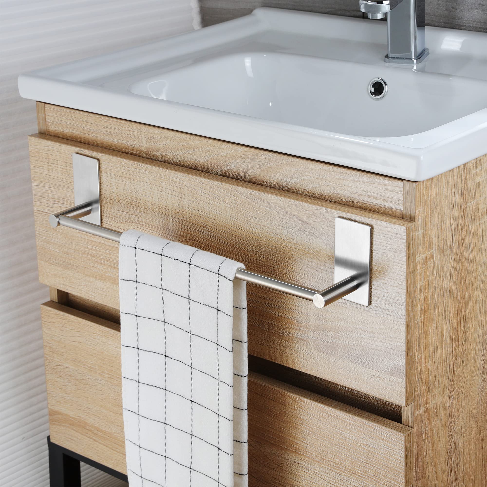 Taozun Self Adhesive 16-Inch Bathroom Towel Bar Brushed Sus 304 Stainless Steel Bath Wall Shelf Rack Hanging Towel Stick On Stic