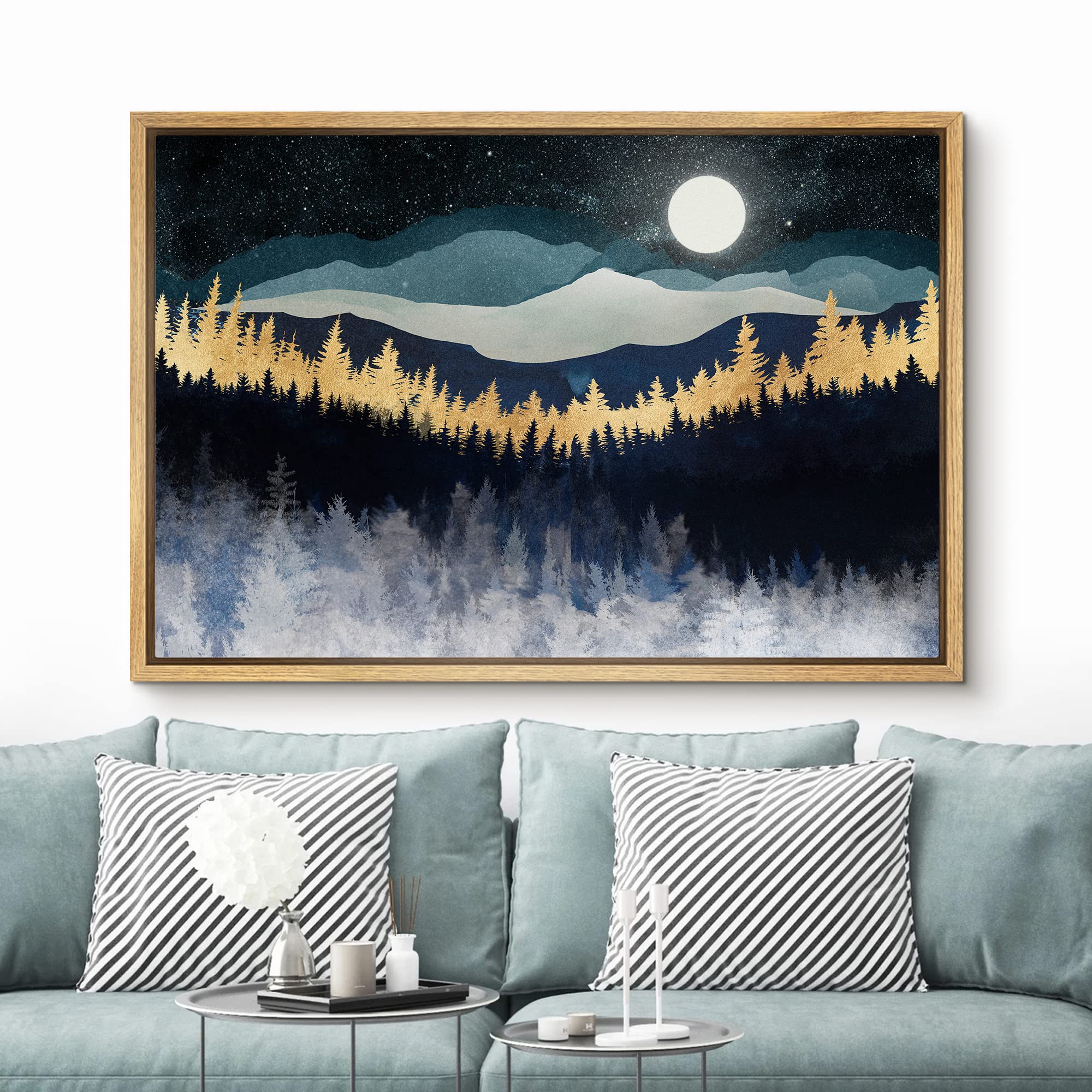 Signford Framed Canvas Print Wall Art Gold Blue Moonlight Mountain Forest Nature Wilderness Illustrations Modern Art Rustic Zen