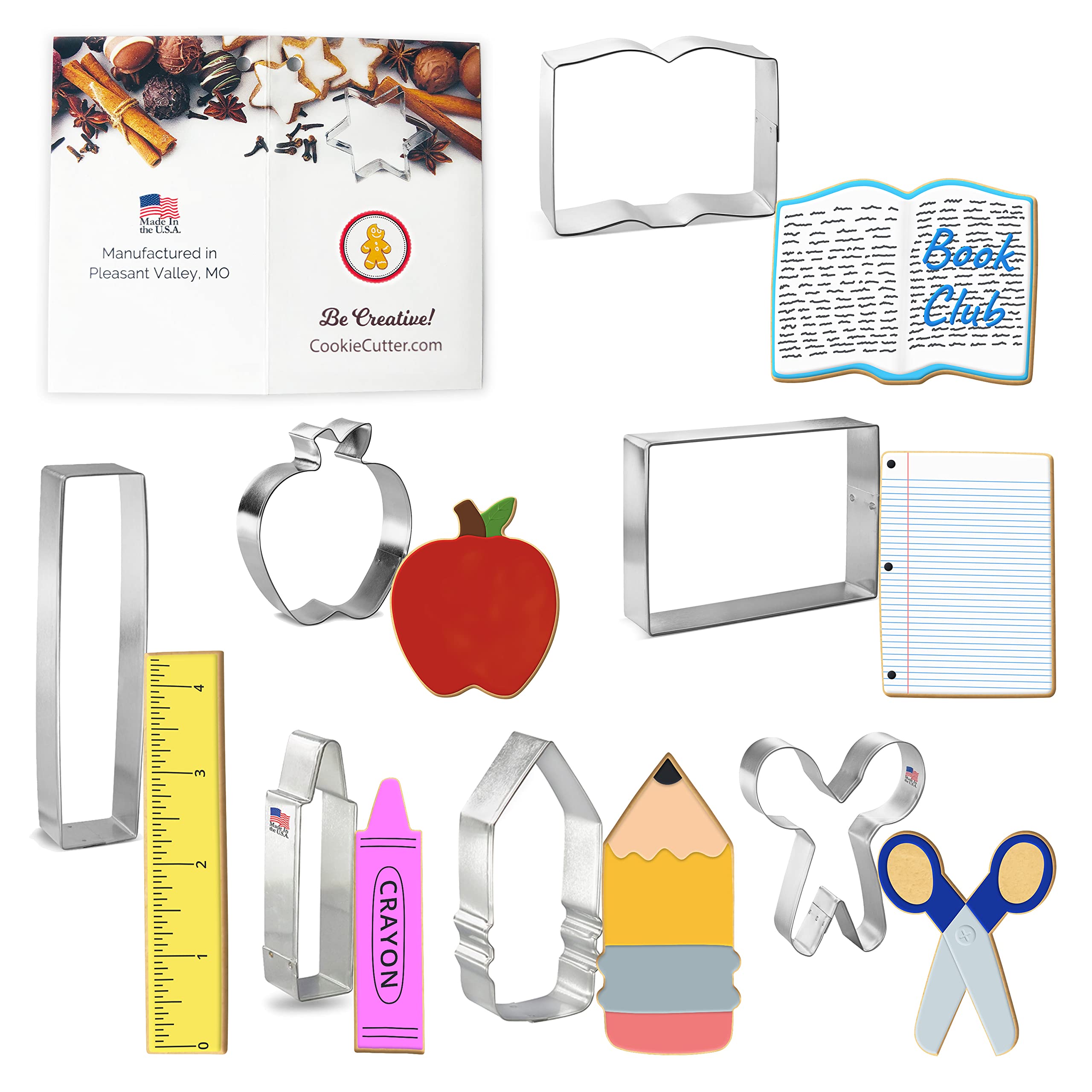 Foose Brand Back To School Teacher Appreciation Cookie Cutter 7 Pc Set -School Book, Ruler, Crayon, Scissors, Rectangle, Apple,