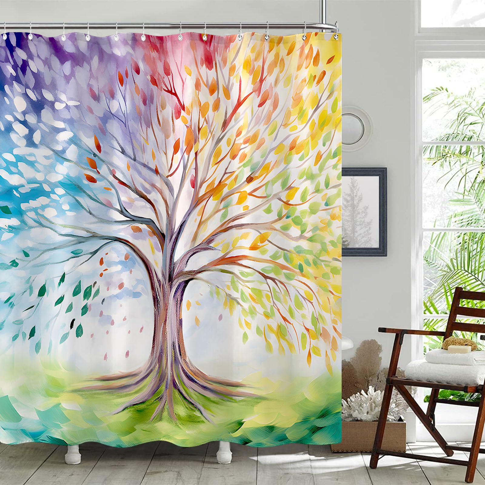 Fungarth Colorful Tree Shower Curtain Abstract Aesthetic Oil Painting Shower Curtains For Bathroom Pretty Cute Nature Art Waterp