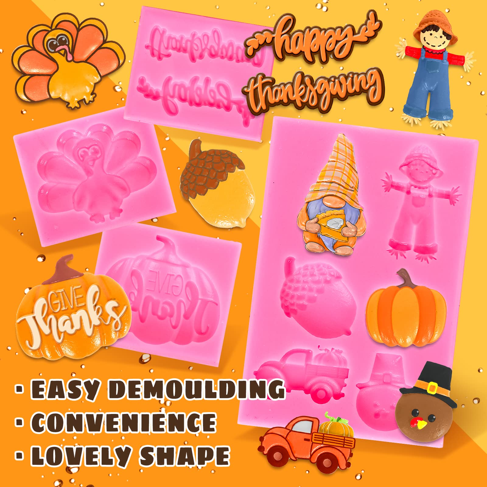 Whaline 4Pcs Happy Thanksgiving Fondant Molds Pumpkin Gnome Silicone Moulds Dwarf Truck Candy Moulds Turkey Scarecrow Cupcake Ba