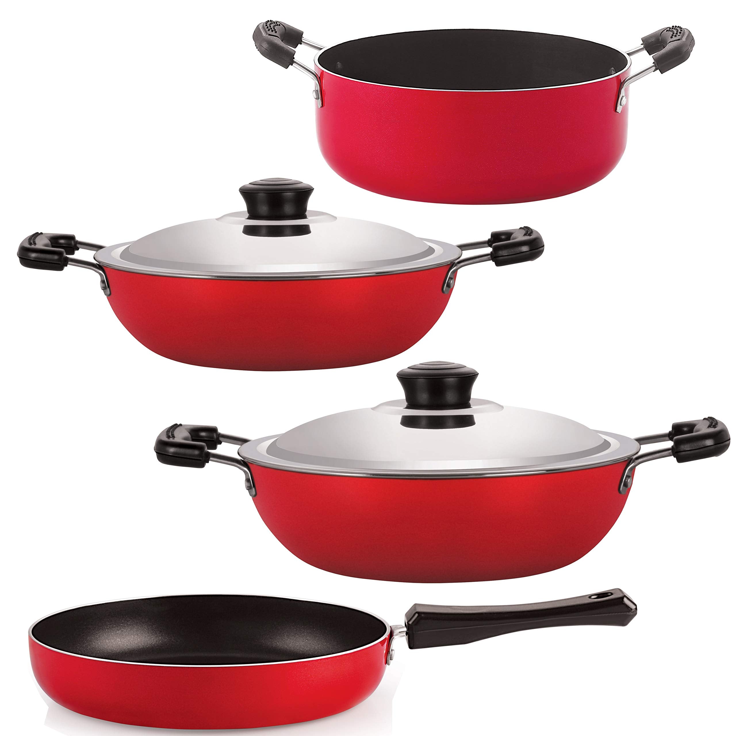 Nirlon NonStick 4 Piece Cooking Combo Set,Red/Black