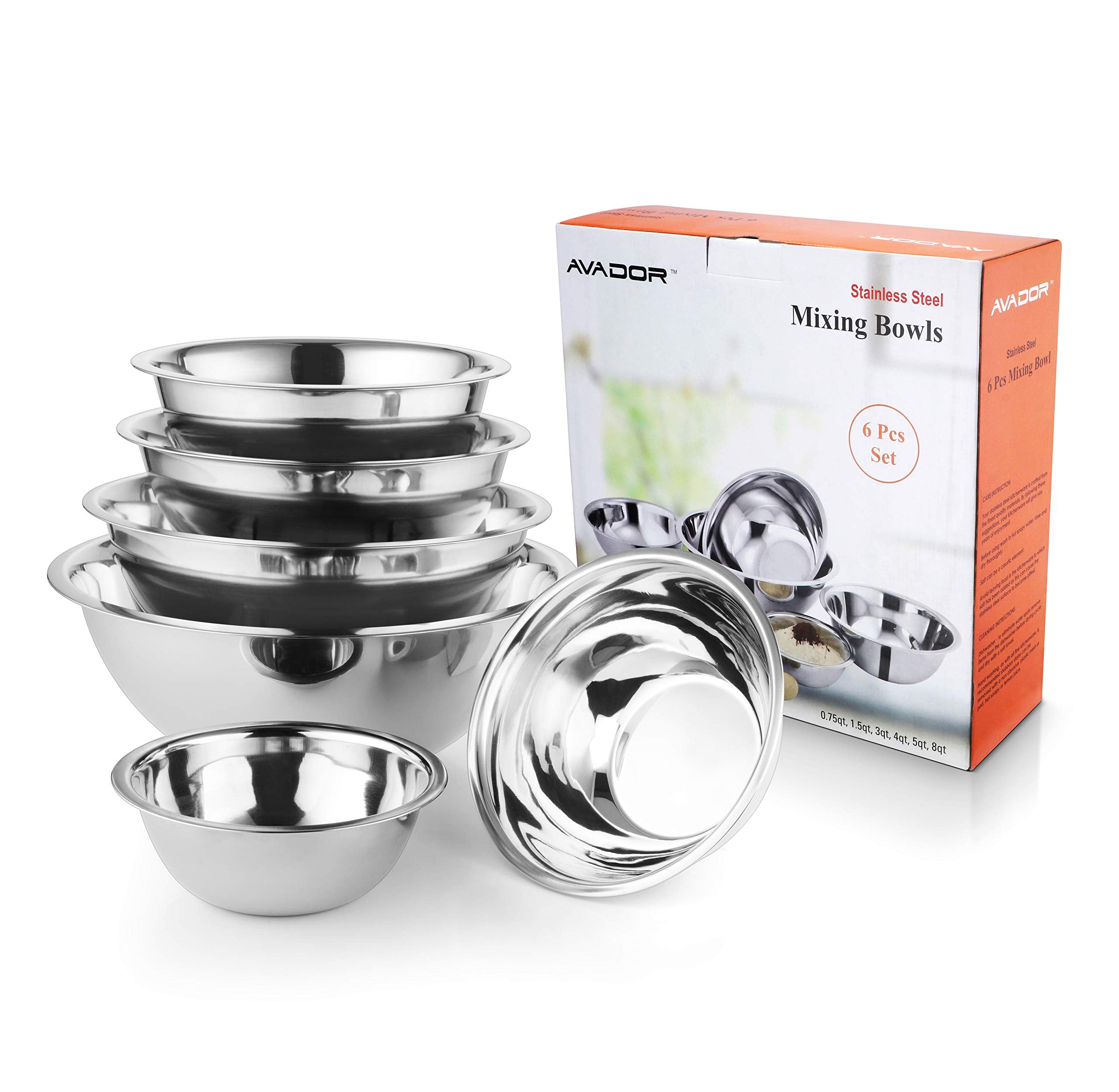 Avador Premium Stainless Steel Mixing Bowls, Set Of 6 Brushed Stainless Steel Mixing Bowl Set, Easy To Clean, Space Saving, Grea
