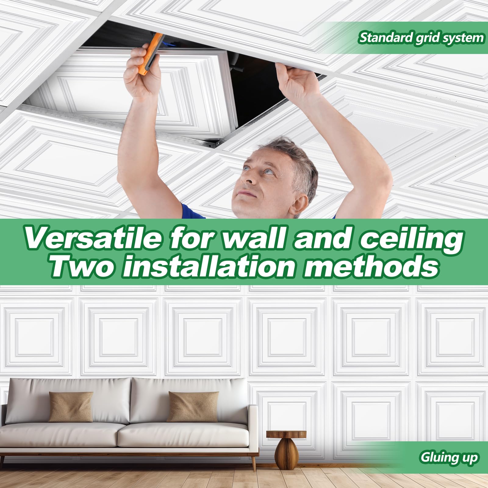 Landical 50 Pcs 2 x 2 ft White PVC Plastic Drop Ceiling Tiles 24 x 24 x 0.8 Inch Ceiling Panels Decorative Cover 200 Sq. ft for