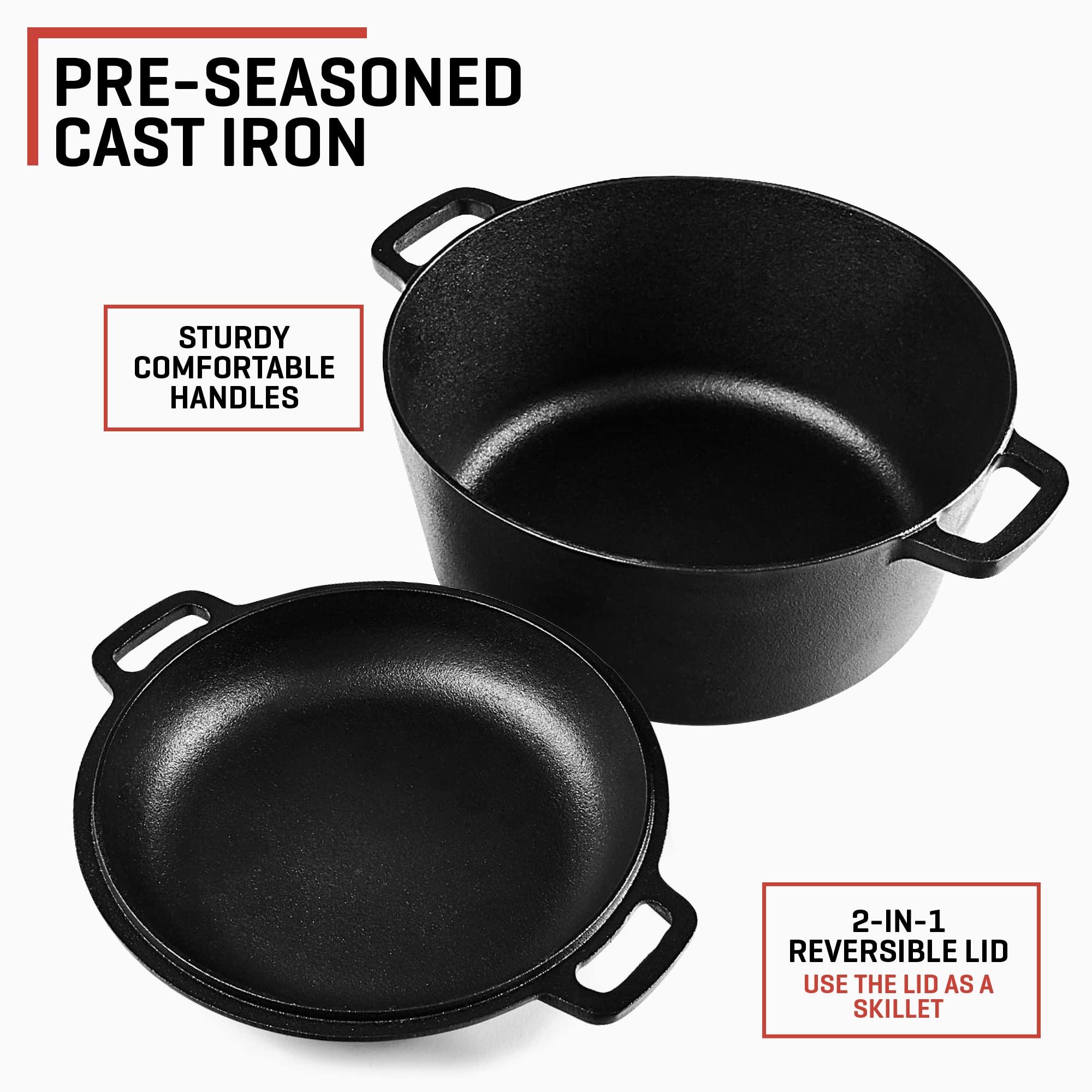 Uno Casa 2-In-1 Cast Iron Dutch Oven Large - 5 Quart Dutch Oven Pot With Lid, Pre-Seasoned Cooking Dish For Bread Baking And Ste
