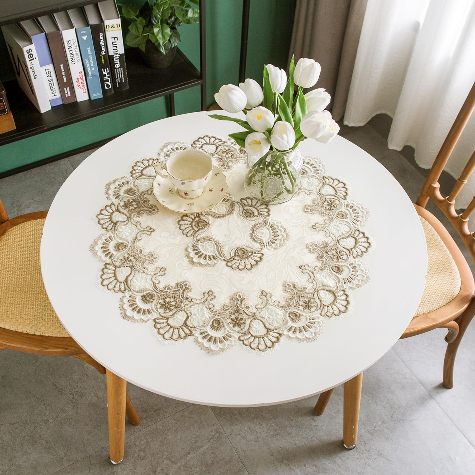 Lace Small Round Tablecloth Doilies Table Topper Scarf Embroidered Farmhouse Table Cloth With Macrame Border For Dresser Wedding