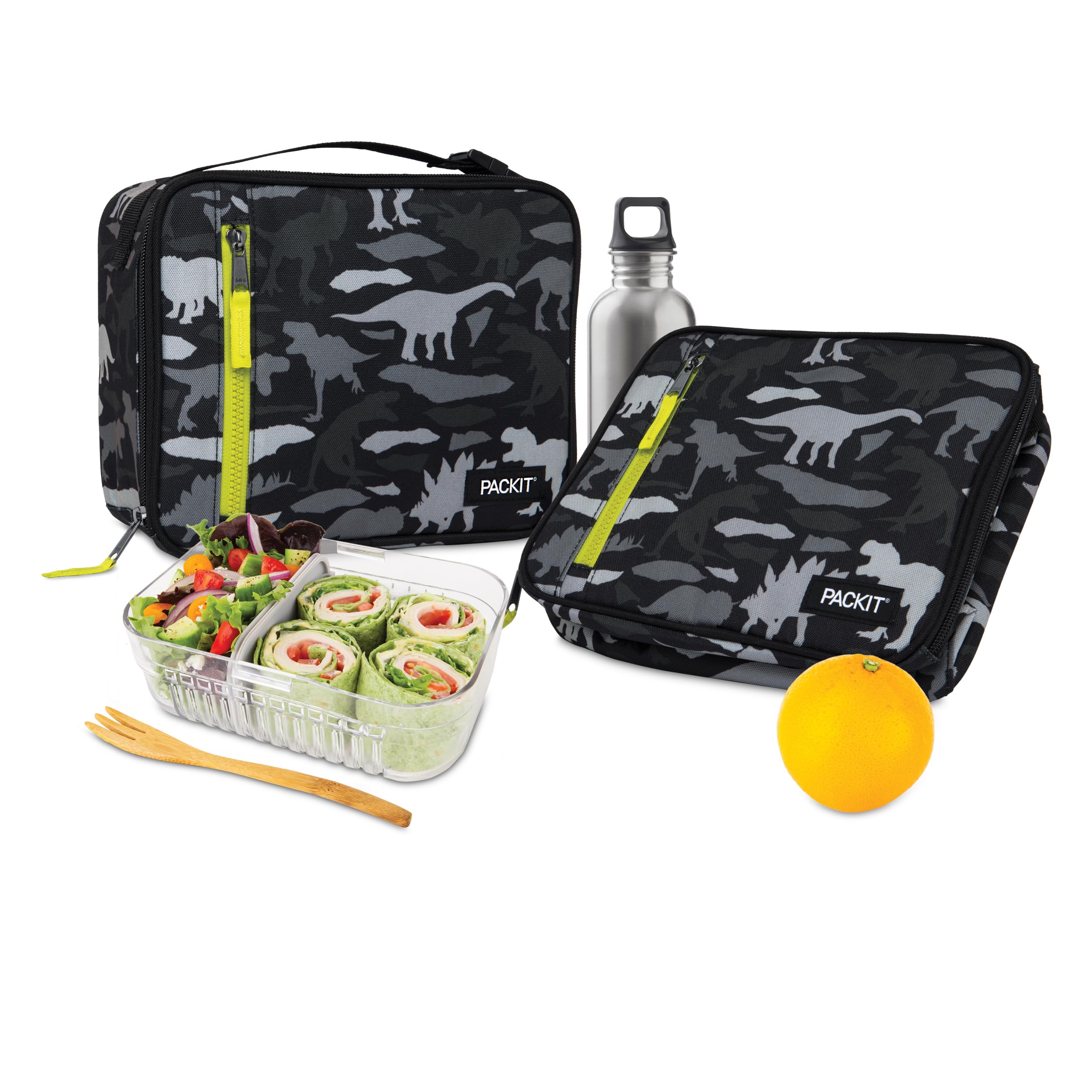 Packit Freezable Classic Lunch Box, Dino Camo Charcoal, Built With Ecofreeze Technology, Collapsible, Reusable, Zip Closure With
