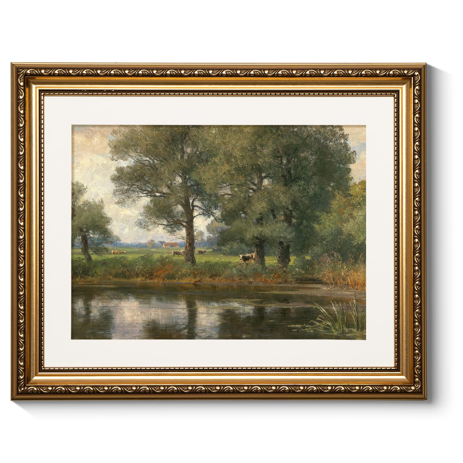 Arpeotcy Vintage Gold Pictures Framed Wall Art, Retro Riverside Landscape Paintings, Canvas Prints Frame Artwork, Victorian Wall