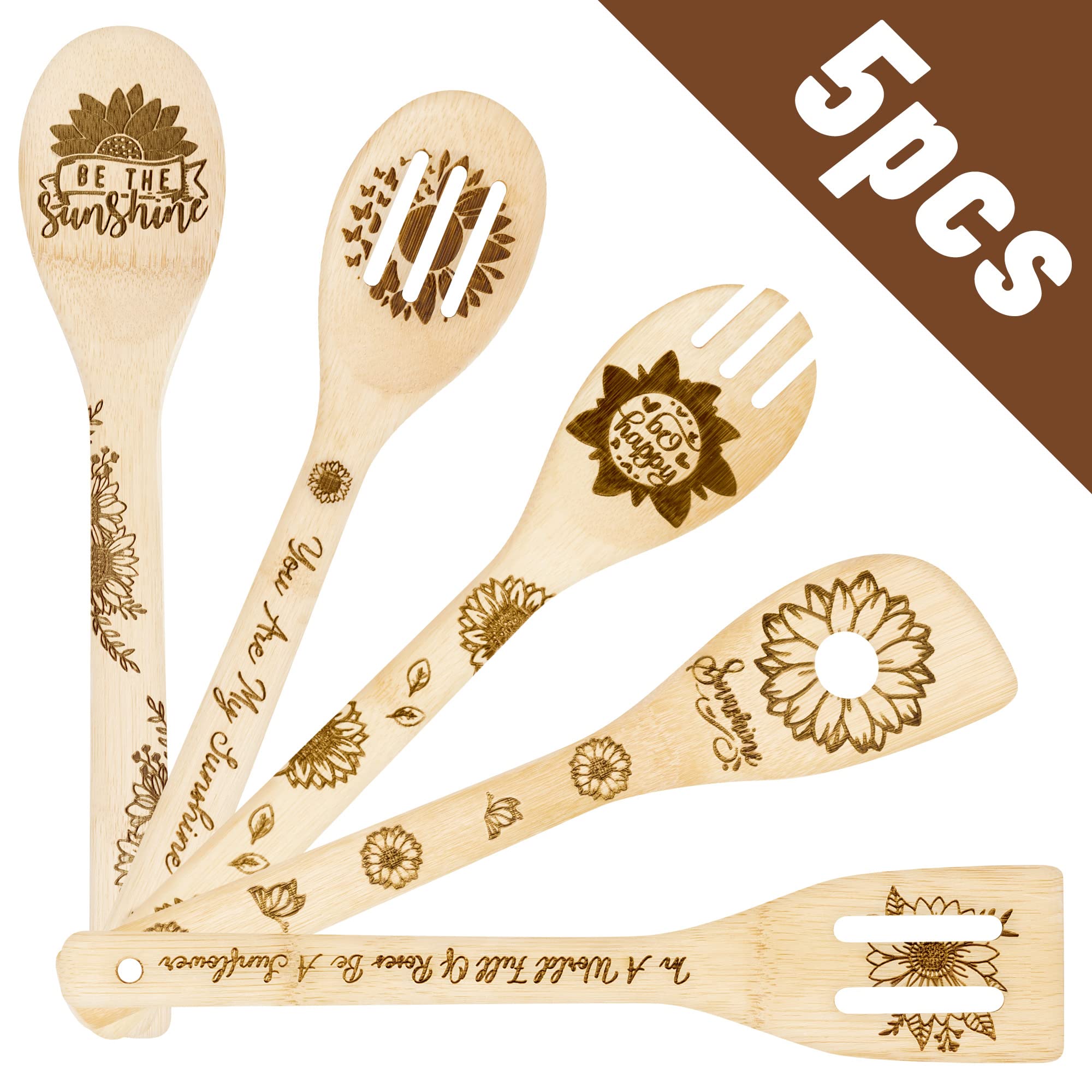 Eartim 5Pcs Sunflower Wooden Spoons Utensils Set, Summer Sunflower Theme Kitchen Cooking Utensils Natural Non-Stick Carve Burned